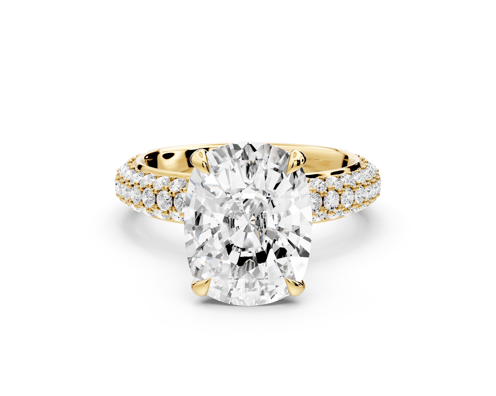 Evelina - 5ct 18k yellow gold ecushion wrap around Halo Rollover Pavé Diamond Crown Engagement Ring - Mr. Alex Jewelry