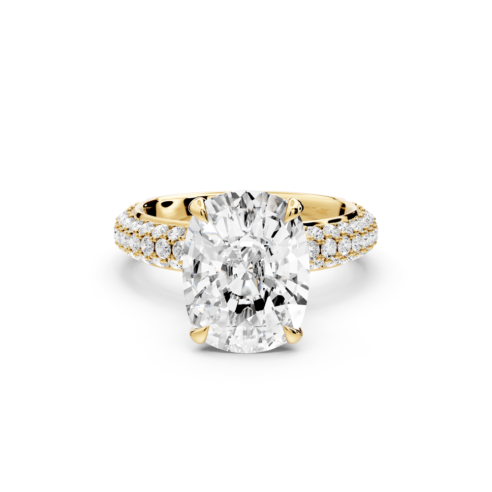 Evelina - 5ct 18k yellow gold ecushion wrap around Halo Rollover Pavé Diamond Crown Engagement Ring - Mr. Alex Jewelry
