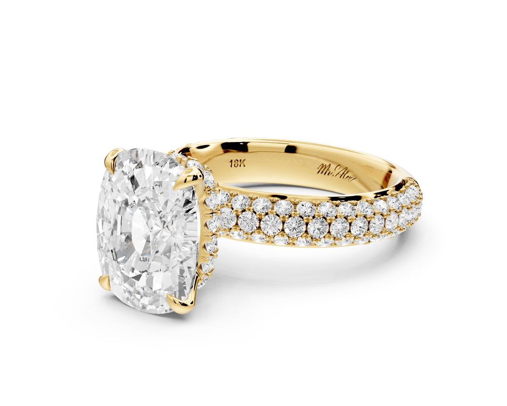 Evelina - 5ct 18k yellow gold ecushion wrap around Halo Rollover Pavé Diamond Crown Engagement Ring - Mr. Alex Jewelry