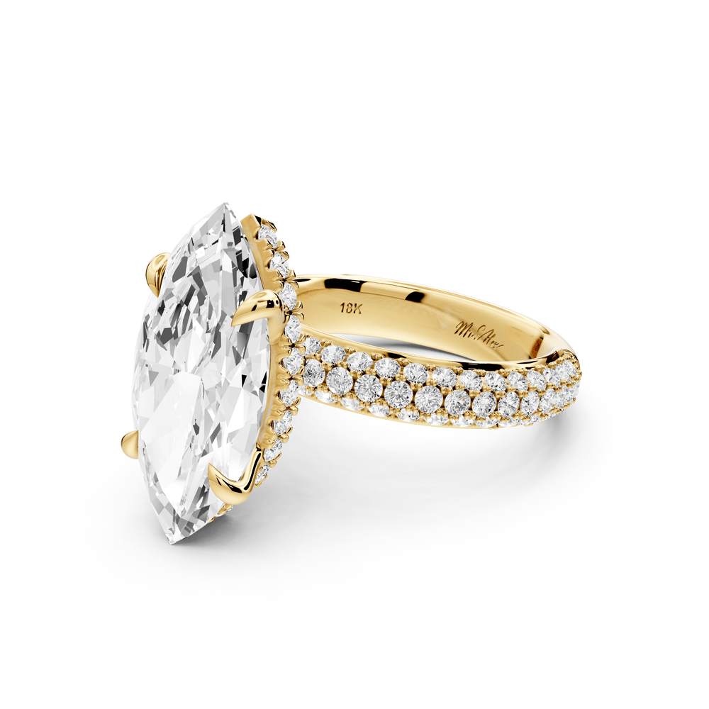 Evelina - 5ct 18k yellow gold marquise wrap around Halo Rollover Pavé Diamond Crown Engagement Ring - Mr. Alex Jewelry