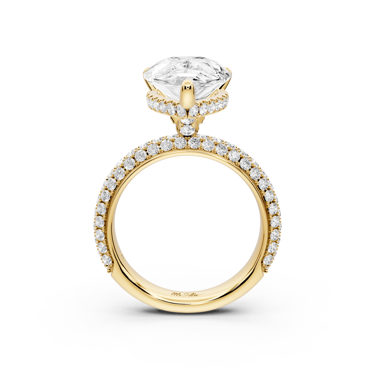 Evelina - 5ct 18k yellow gold pear wrap around Halo Rollover Pavé Diamond Crown Engagement Ring - Mr. Alex Jewelry