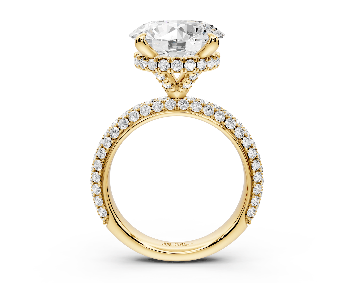 Evelina - 5ct 18k yellow gold round wrap around Halo Rollover Pavé Diamond Crown Engagement Ring - Mr. Alex Jewelry