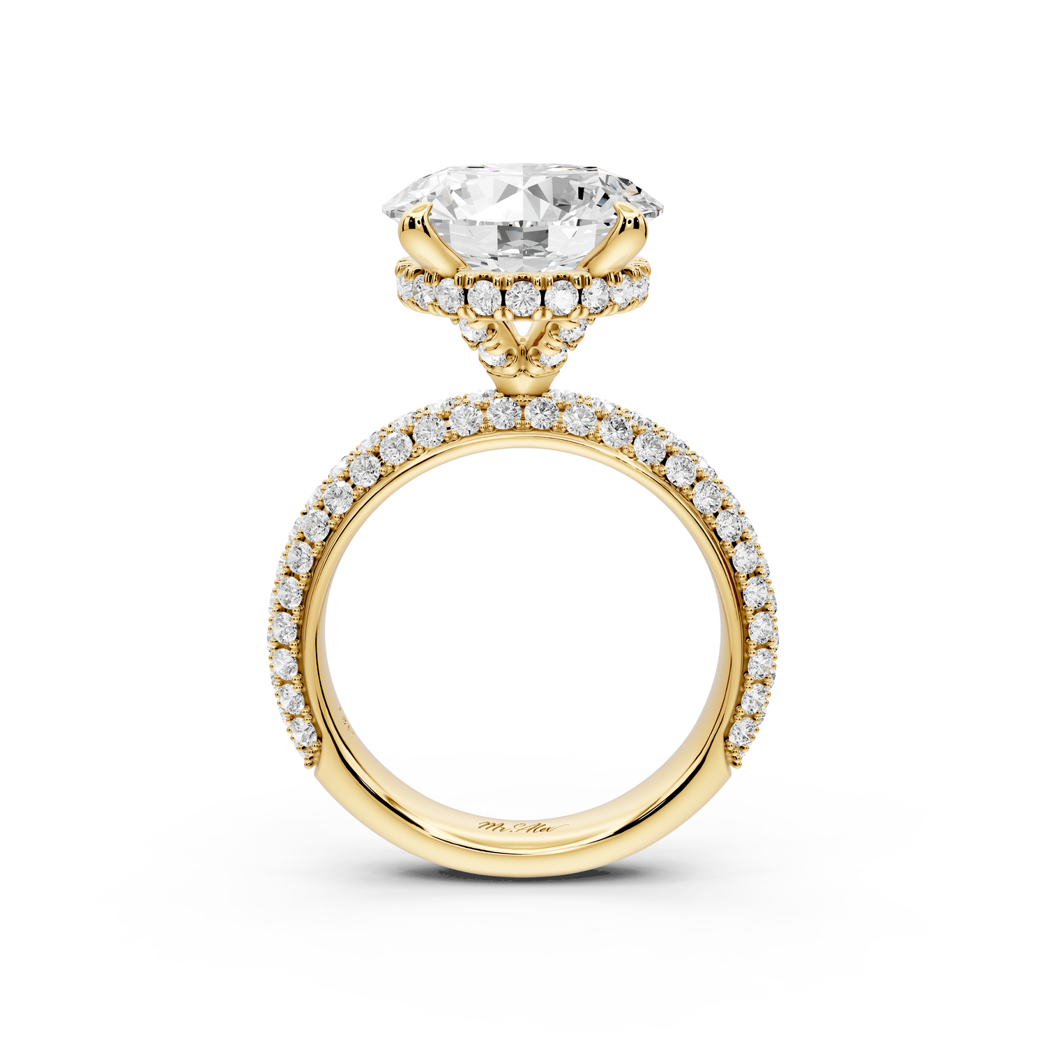 Evelina - 5ct 18k yellow gold round wrap around Halo Rollover Pavé Diamond Crown Engagement Ring - Mr. Alex Jewelry