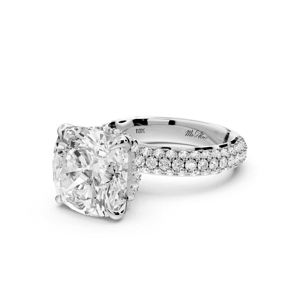Evelina - 5ct platinum cushion wrap around Halo Rollover Pavé Diamond Crown Engagement Ring - Mr. Alex Jewelry