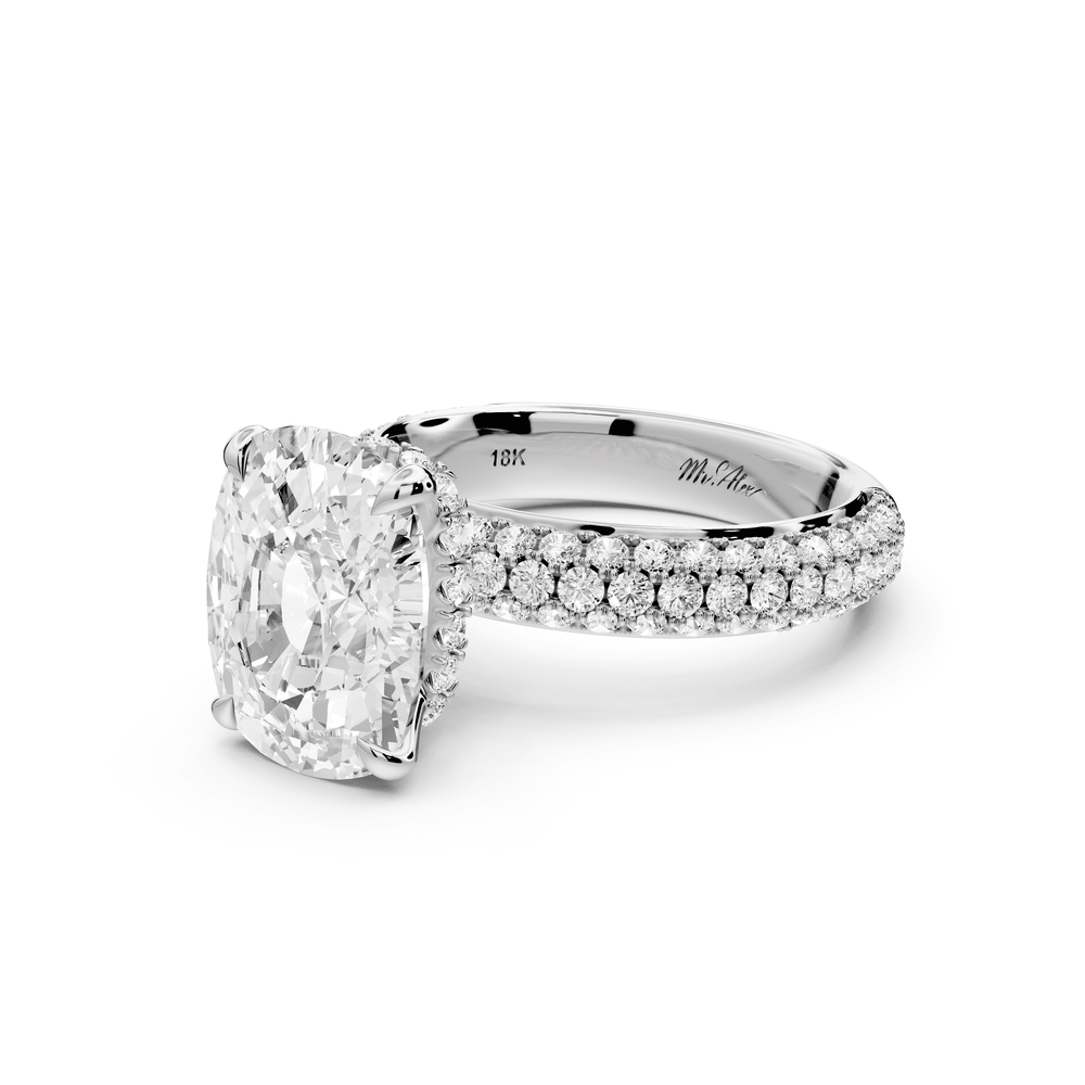 Evelina - 5ct platinum ecushion wrap around Halo Rollover Pavé Diamond Crown Engagement Ring - Mr. Alex Jewelry