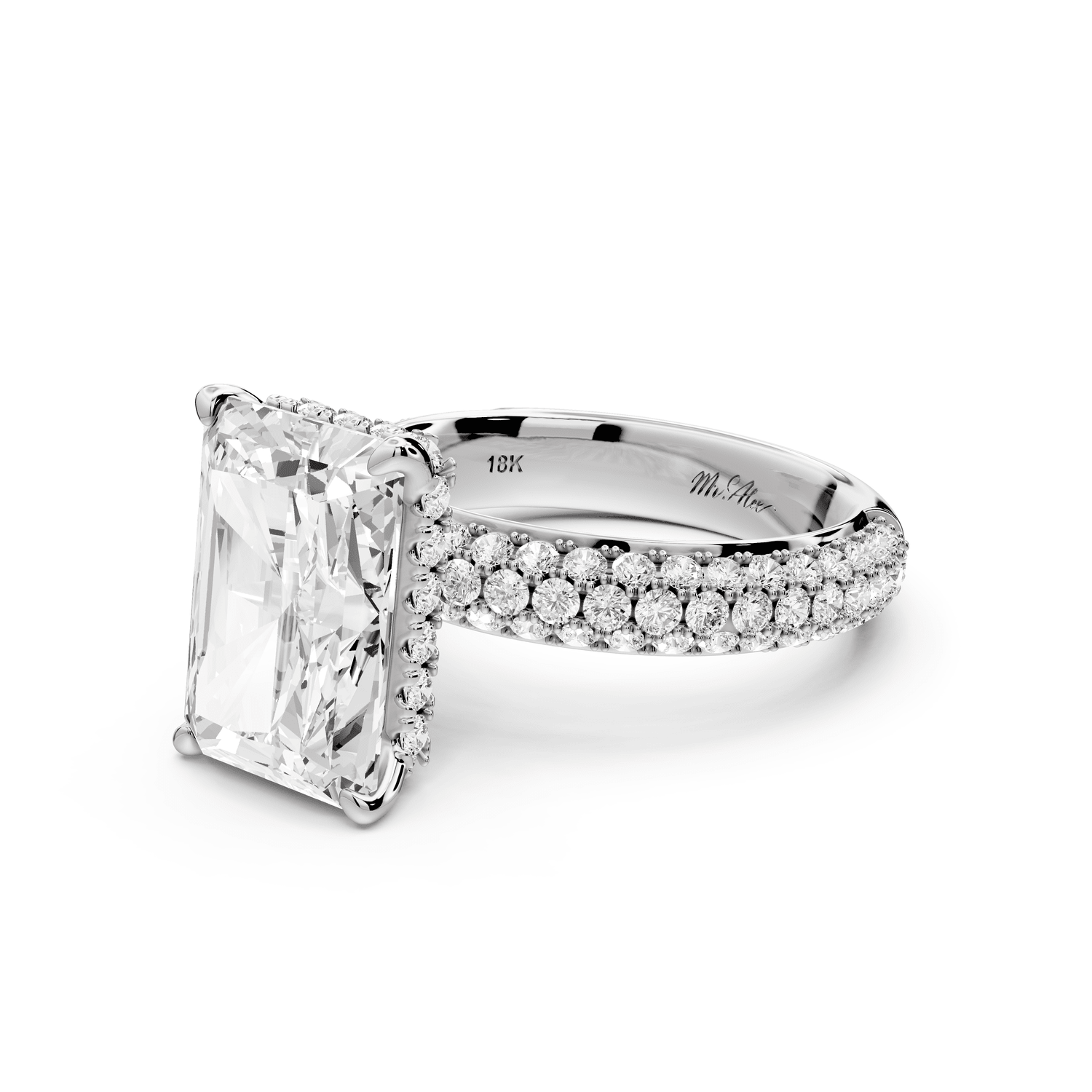 Evelina - 5ct platinum emerald wrap around Halo Rollover Pavé Diamond Crown Engagement Ring - Mr. Alex Jewelry