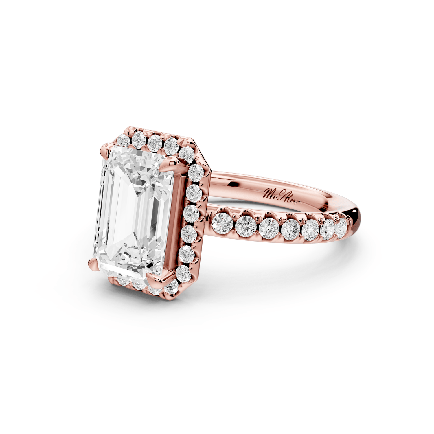 Eveline - 2ct 18k rose gold emerald Halo Half Band Pavé Engagement Ring - Mr. Alex Jewelry