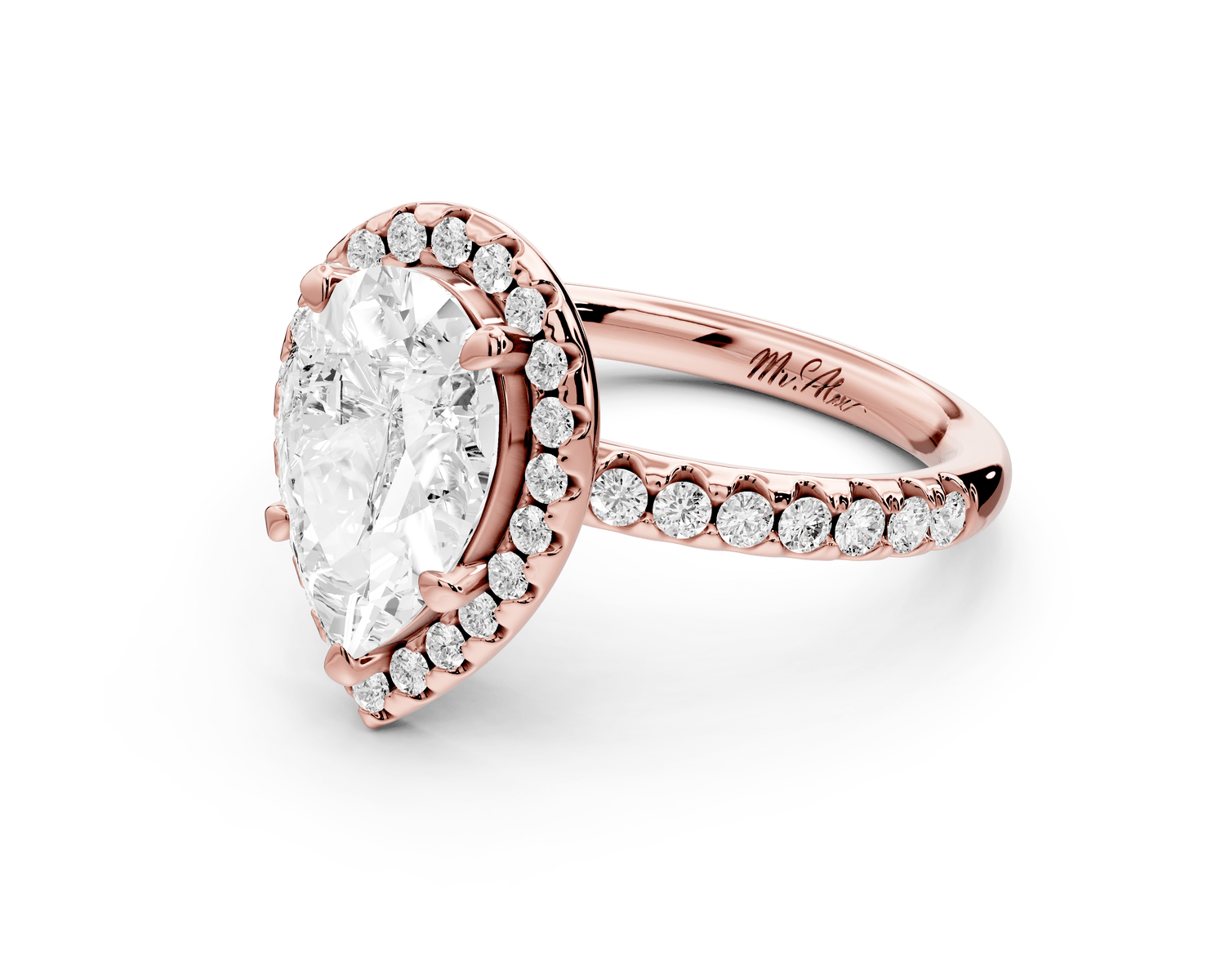 Eveline - 2ct 18k rose gold pear Halo Half Band Pavé Engagement Ring - Mr. Alex Jewelry