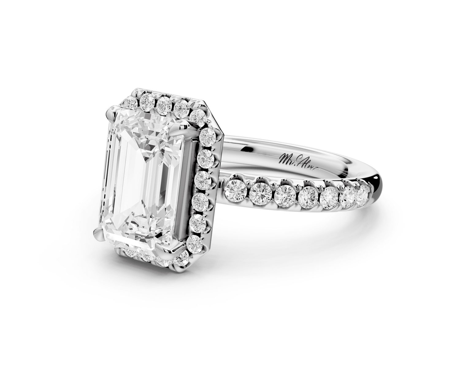 Eveline - 2ct 18k white gold emerald Halo Half Band Pavé Engagement Ring - Mr. Alex Jewelry