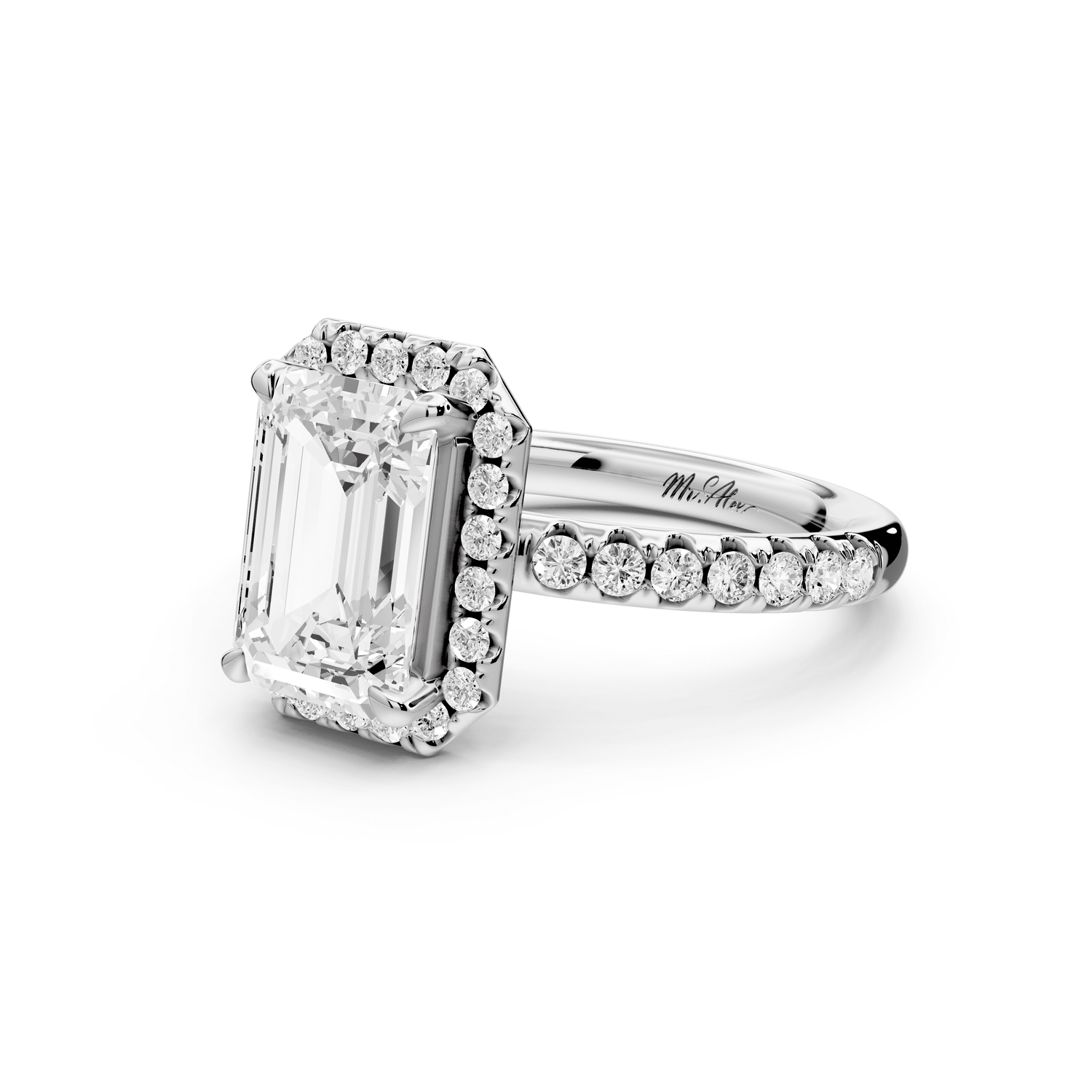 Eveline - 2ct 18k white gold emerald Halo Half Band Pavé Engagement Ring - Mr. Alex Jewelry