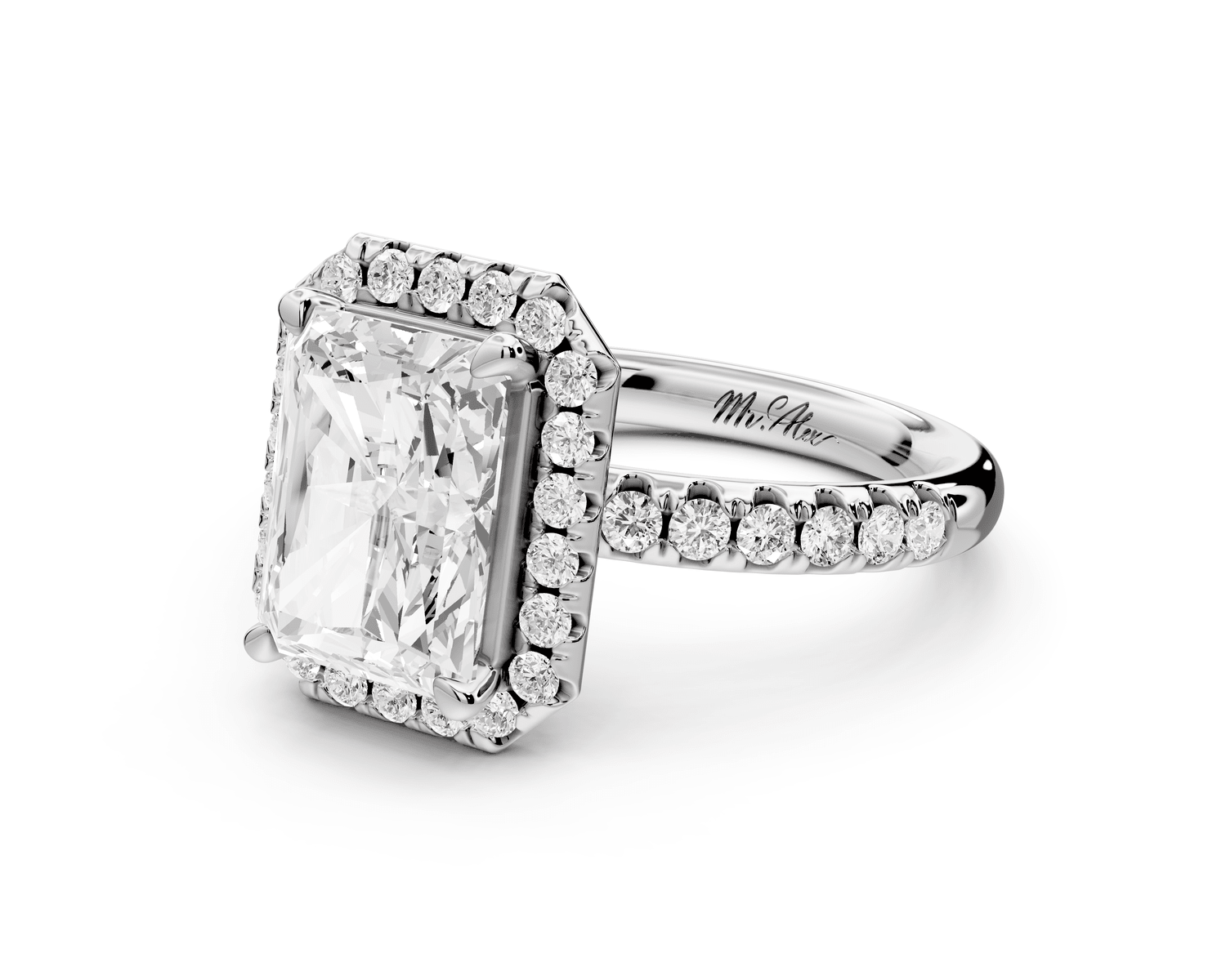 Eveline - 3ct 14k white gold radiant Halo Half Band Pavé Engagement Ring - Mr. Alex Jewelry