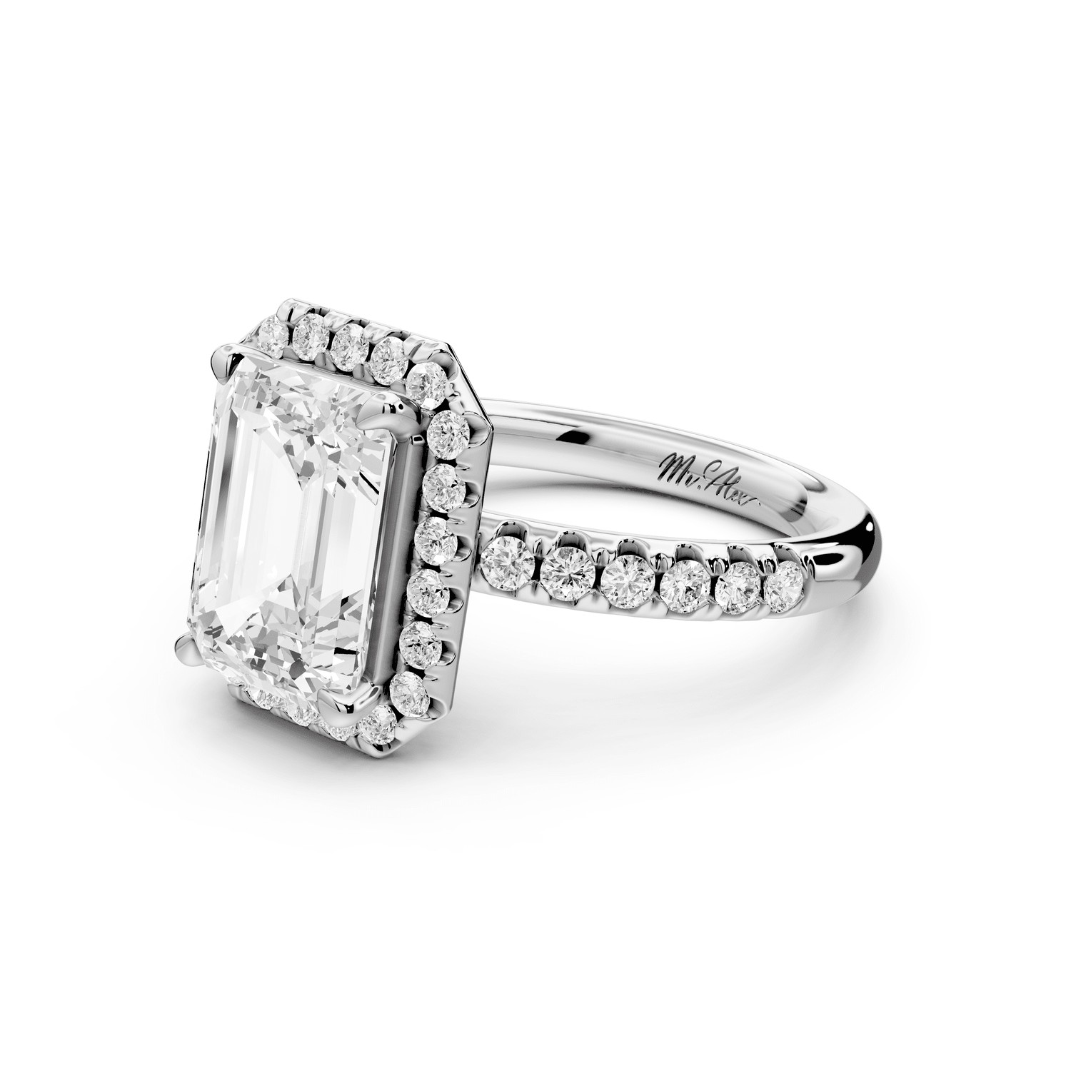 Eveline - 3ct 18k white gold emerald Halo Half Band Pavé Engagement Ring - Mr. Alex Jewelry