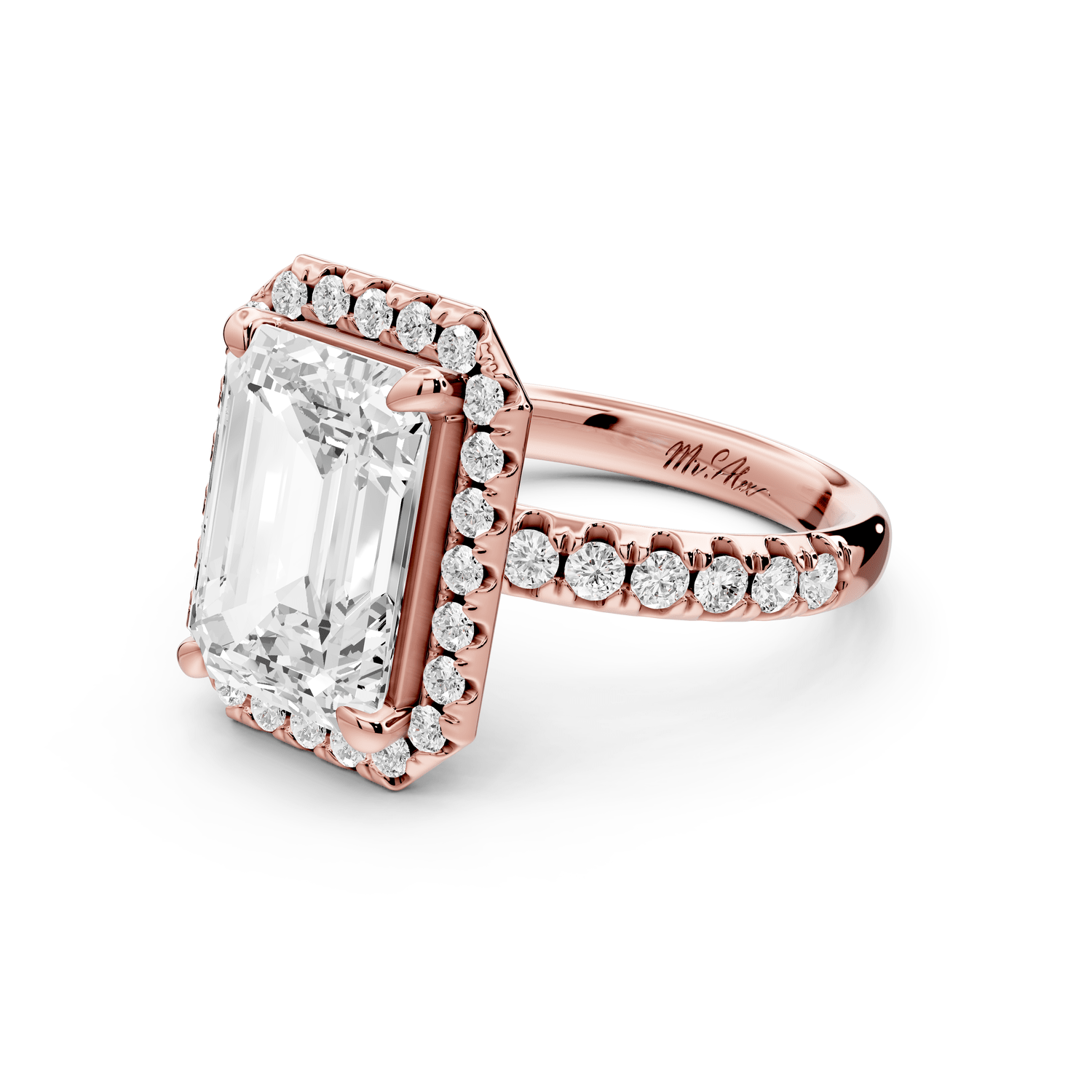 Eveline - 4ct 18k rose gold emerald Halo Half Band Pavé Engagement Ring - Mr. Alex Jewelry