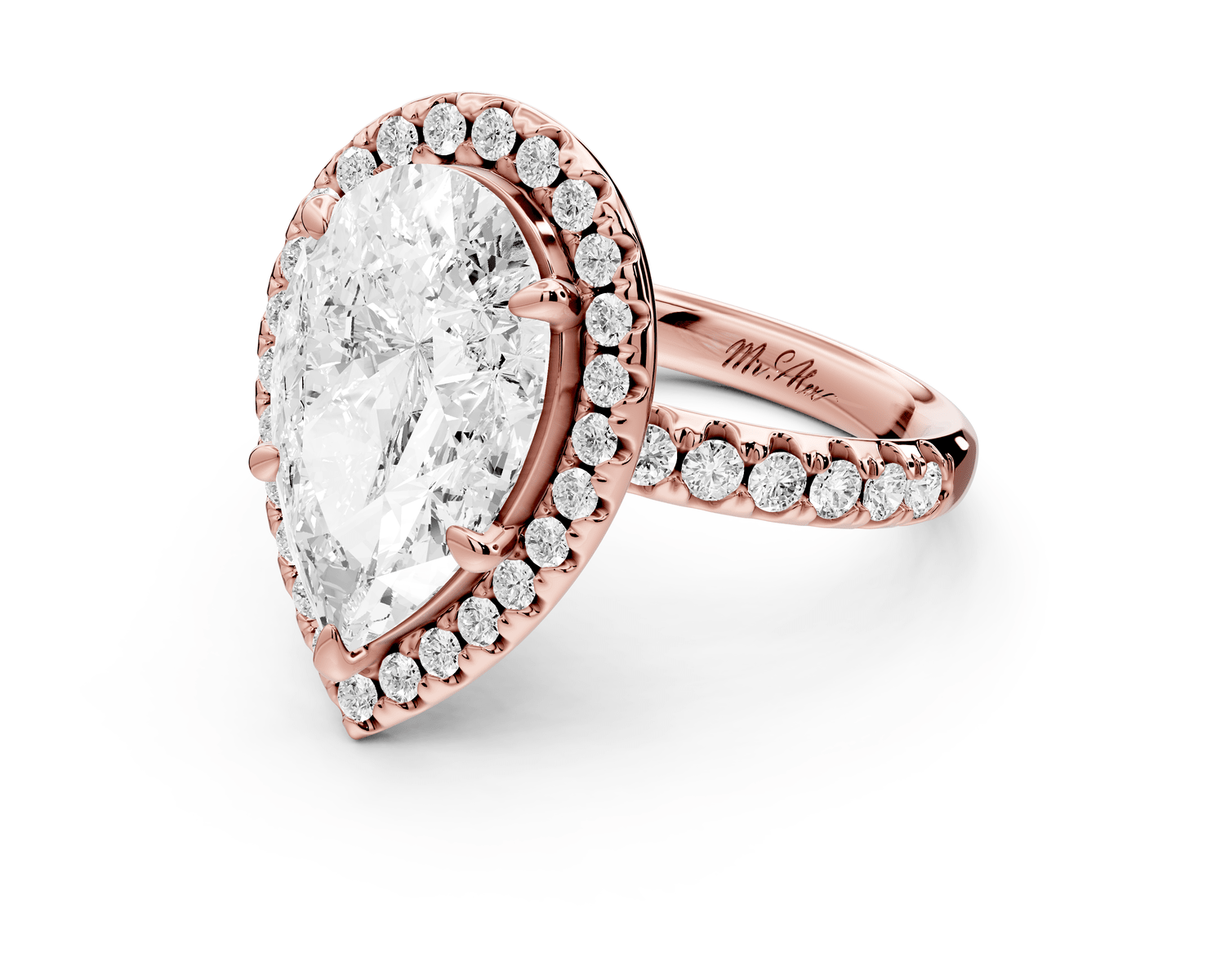 Eveline - 4ct 18k rose gold pear Halo Half Band Pavé Engagement Ring - Mr. Alex Jewelry