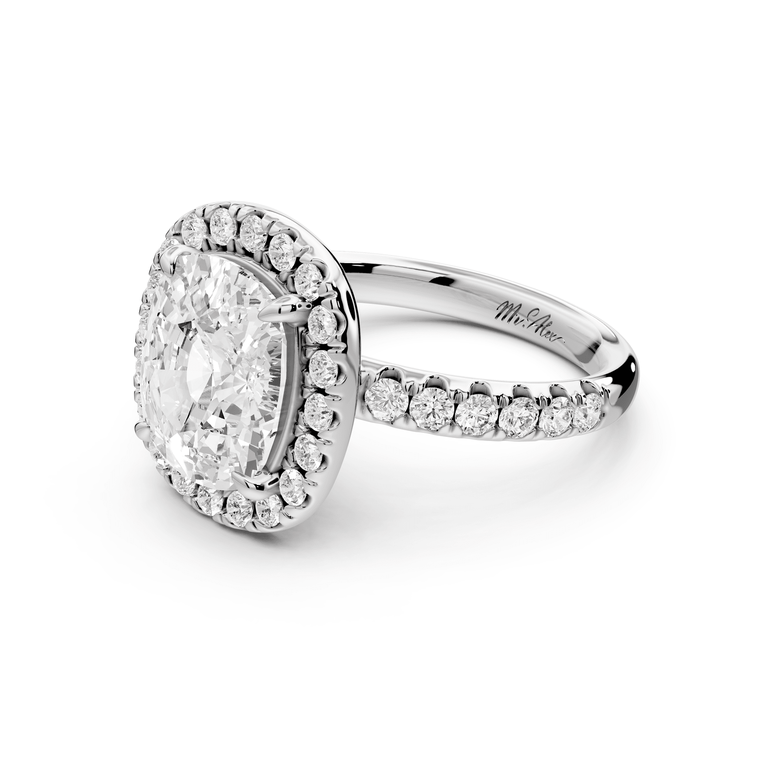Eveline - 4ct platinum cushion Halo Half Band Pavé Engagement Ring - Mr. Alex Jewelry
