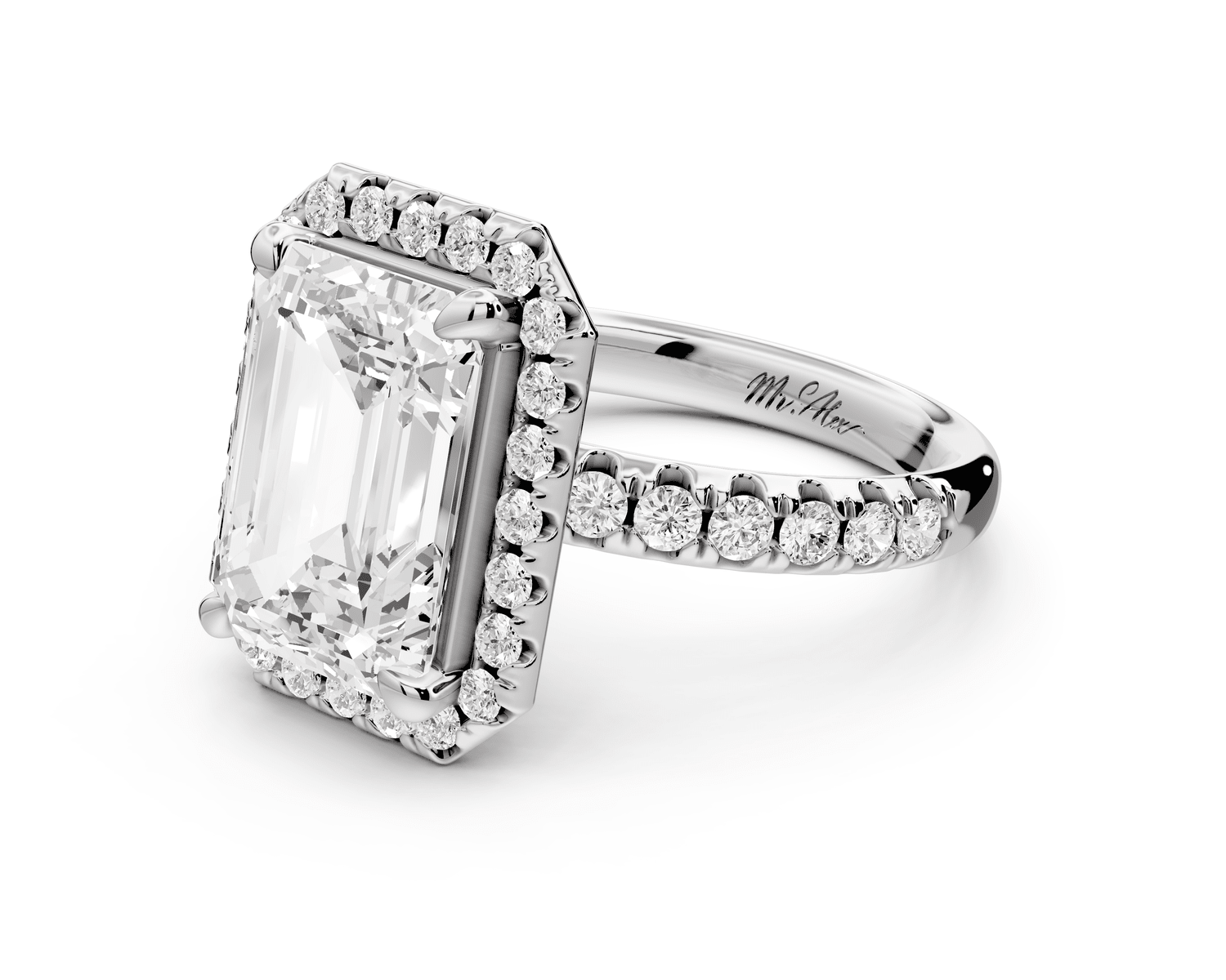 Eveline - 4ct platinum emerald Halo Half Band Pavé Engagement Ring - Mr. Alex Jewelry