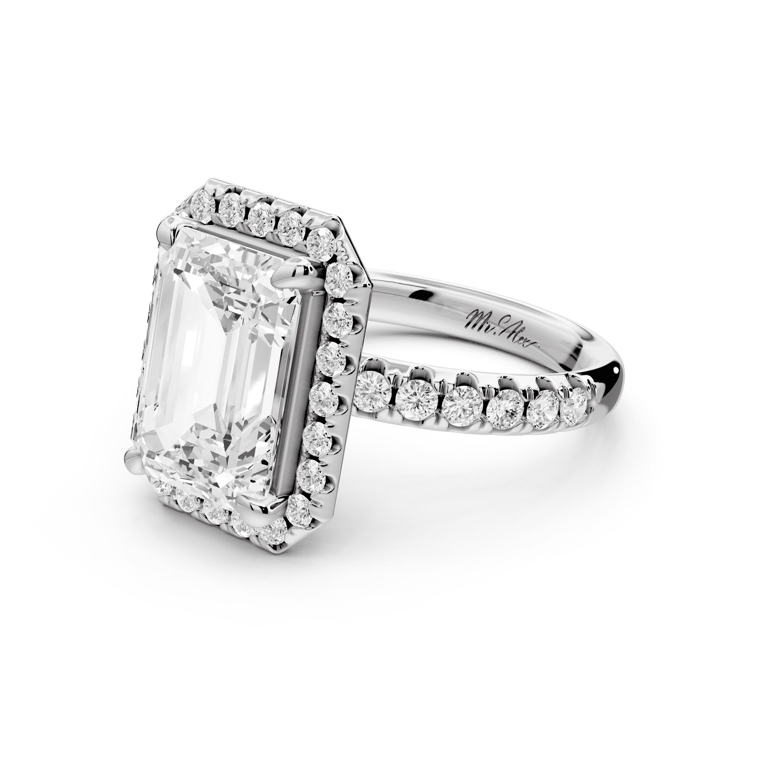 Eveline - 4ct platinum emerald Halo Half Band Pavé Engagement Ring - Mr. Alex Jewelry