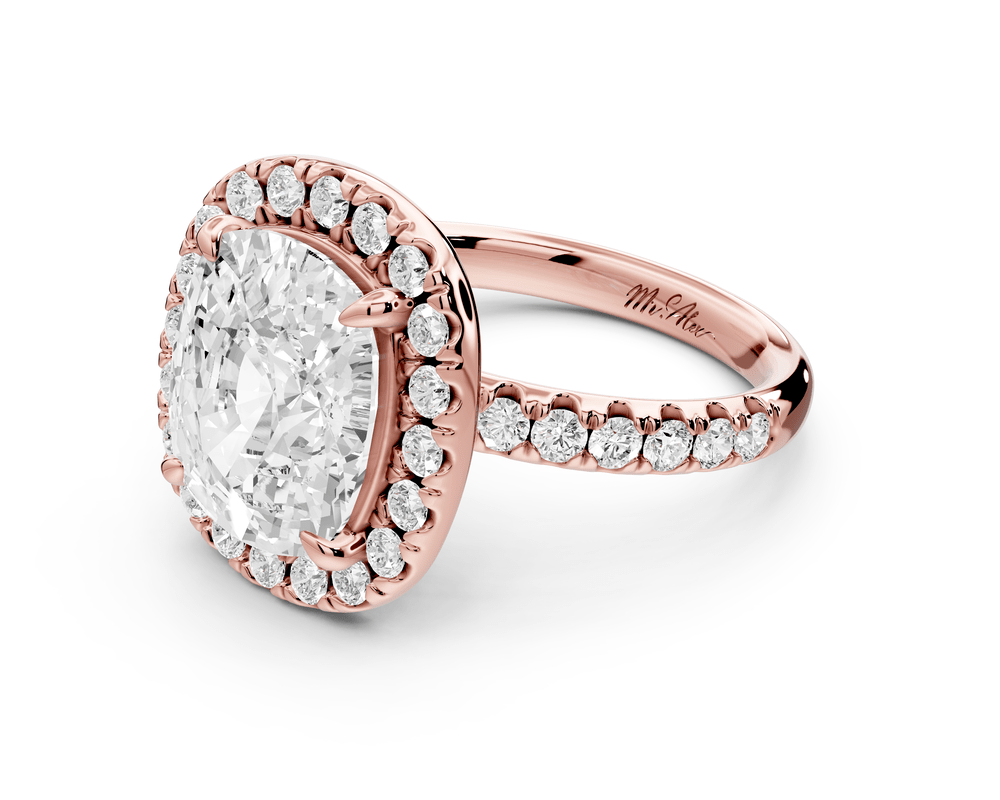 Eveline - 5ct 18k rose gold ecushion Halo Half Band Pavé Engagement Ring - Mr. Alex Jewelry