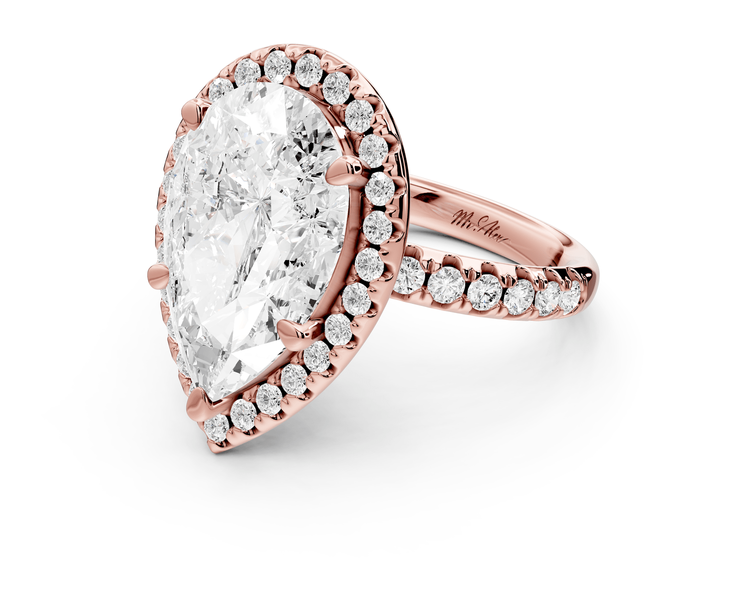 Eveline - 5ct 18k rose gold pear Halo Half Band Pavé Engagement Ring - Mr. Alex Jewelry