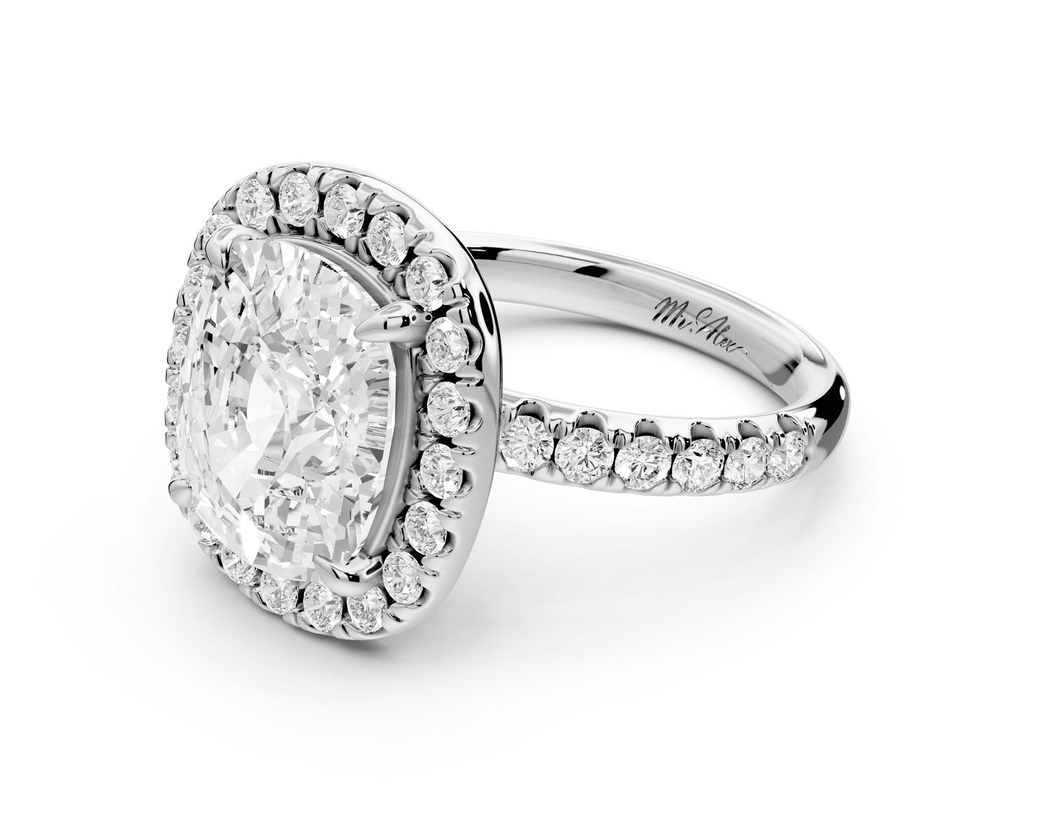 Eveline - 5ct 18k white gold cushion Halo Half Band Pavé Engagement Ring - Mr. Alex Jewelry