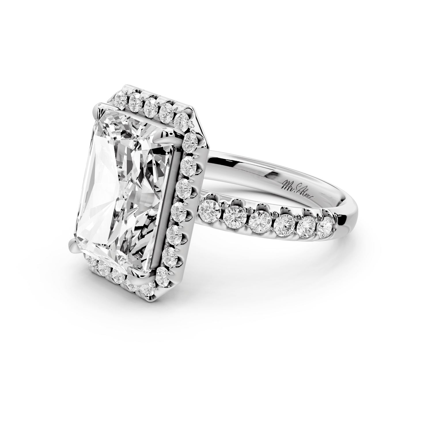 Eveline - 5ct 18k white gold emerald Halo Half Band Pavé Engagement Ring - Mr. Alex Jewelry