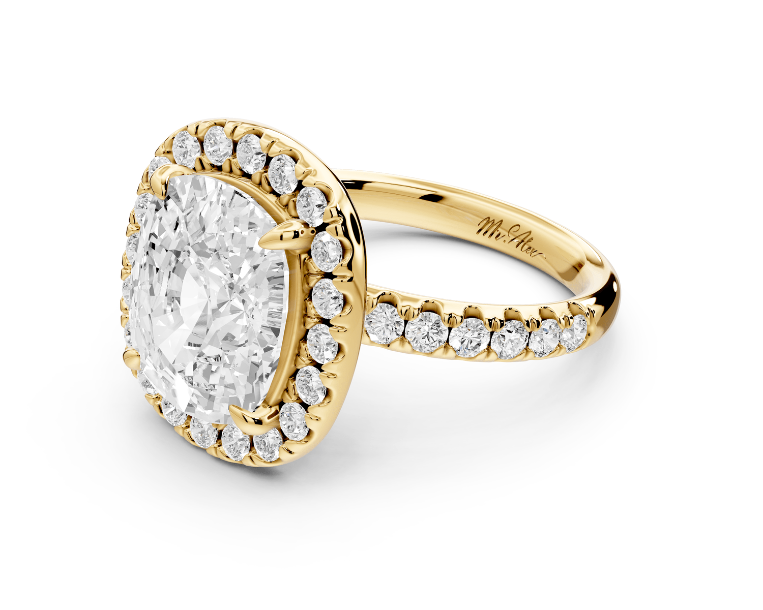 Eveline - 5ct 18k yellow gold cushion Halo Half Band Pavé Engagement Ring - Mr. Alex Jewelry