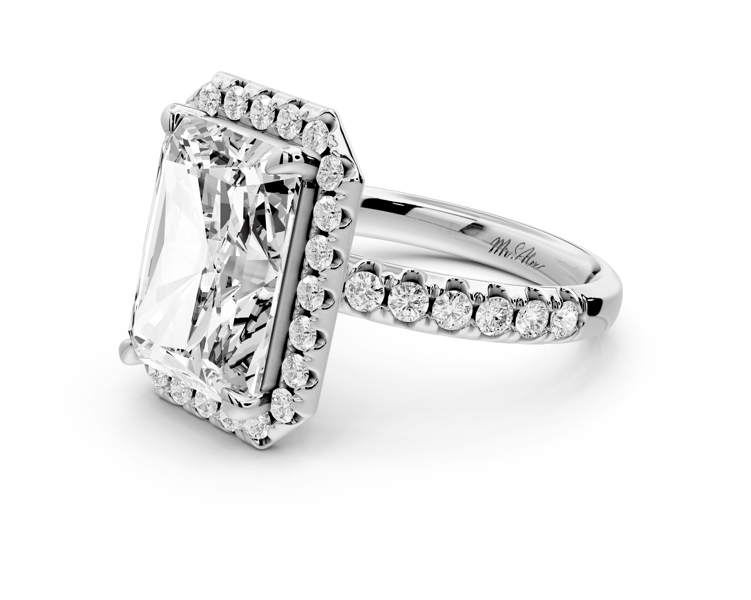 Eveline - 5ct platinum emerald Halo Half Band Pavé Engagement Ring - Mr. Alex Jewelry