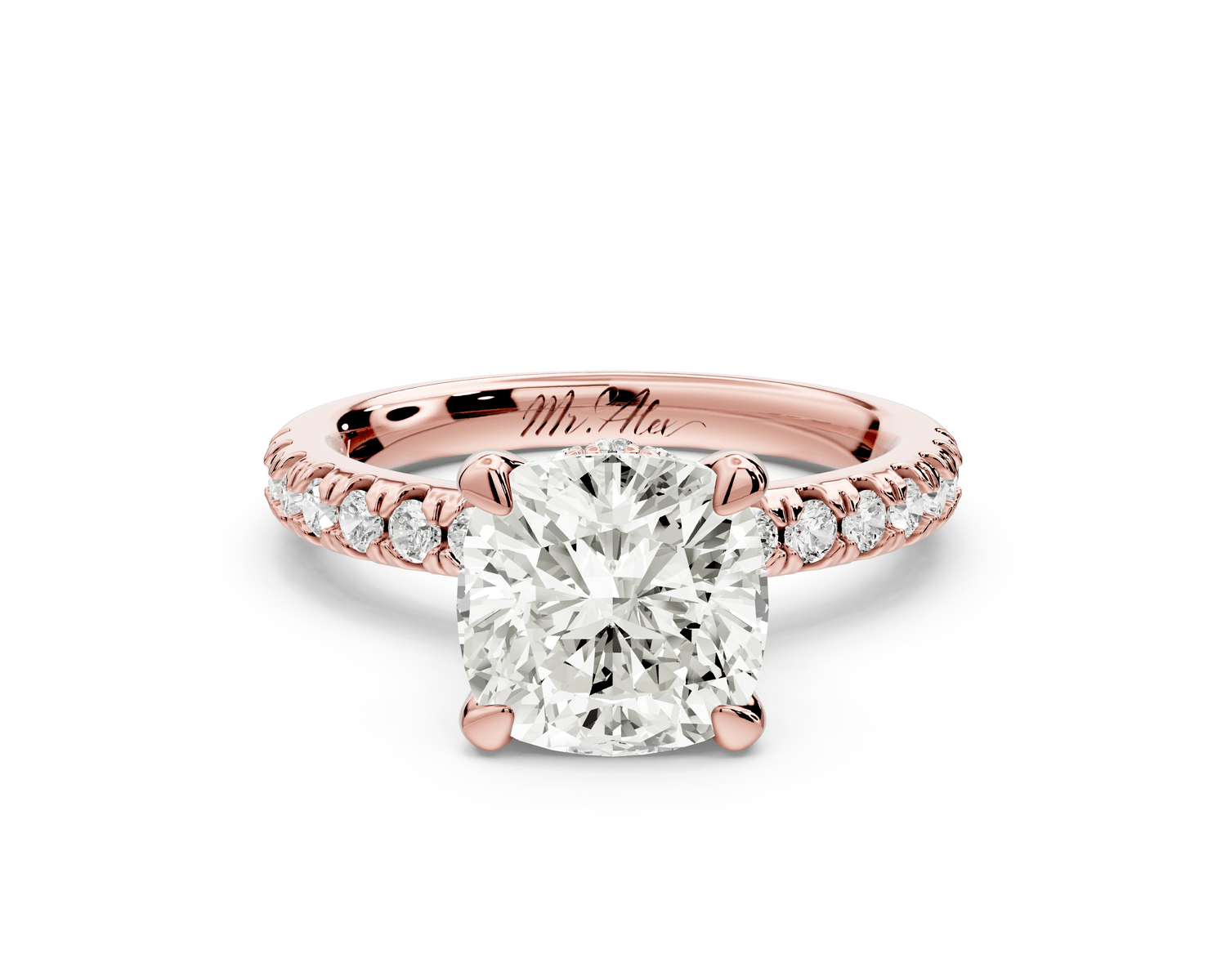 Flora - 2ct 14k rose gold cushion talong prong Wrap around halo Half Band Engagement Ring - Mr. Alex Jewelry