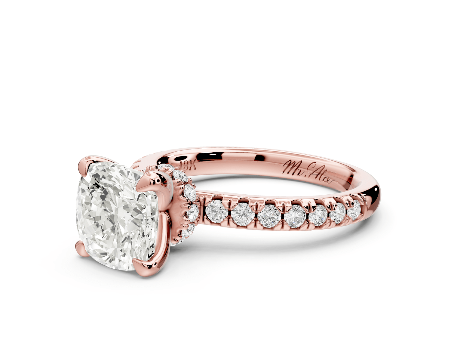 Flora - 2ct 14k rose gold cushion talong prong Wrap around halo Half Band Engagement Ring - Mr. Alex Jewelry