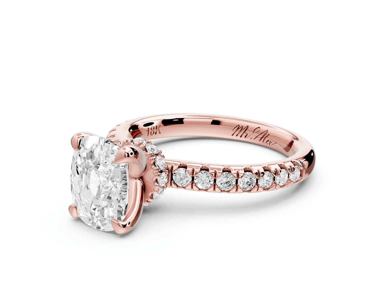 Flora - 2ct 14k rose gold ecushion talong prong Wrap around halo Half Band Engagement Ring - Mr. Alex Jewelry