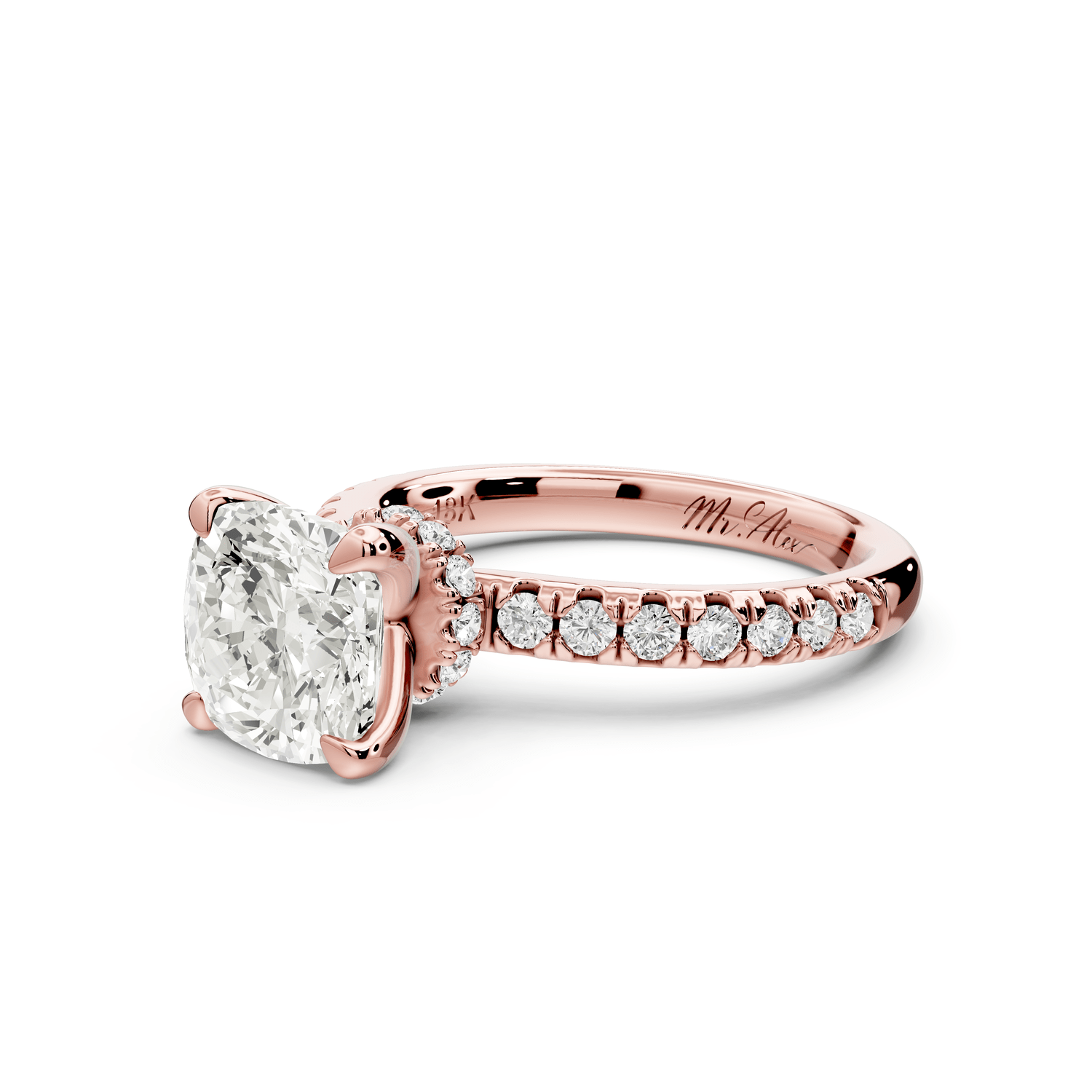 Flora - 2ct 18k rose gold cushion talong prong Wrap around halo Half Band Engagement Ring - Mr. Alex Jewelry
