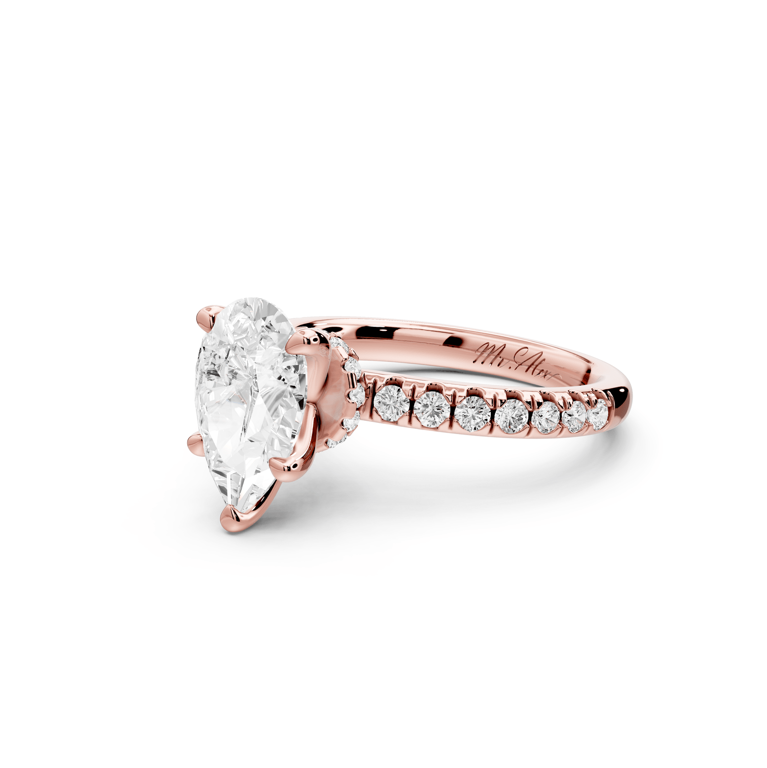 Flora - 2ct 18k rose gold pear talong prong Wrap around halo Half Band Engagement Ring - Mr. Alex Jewelry
