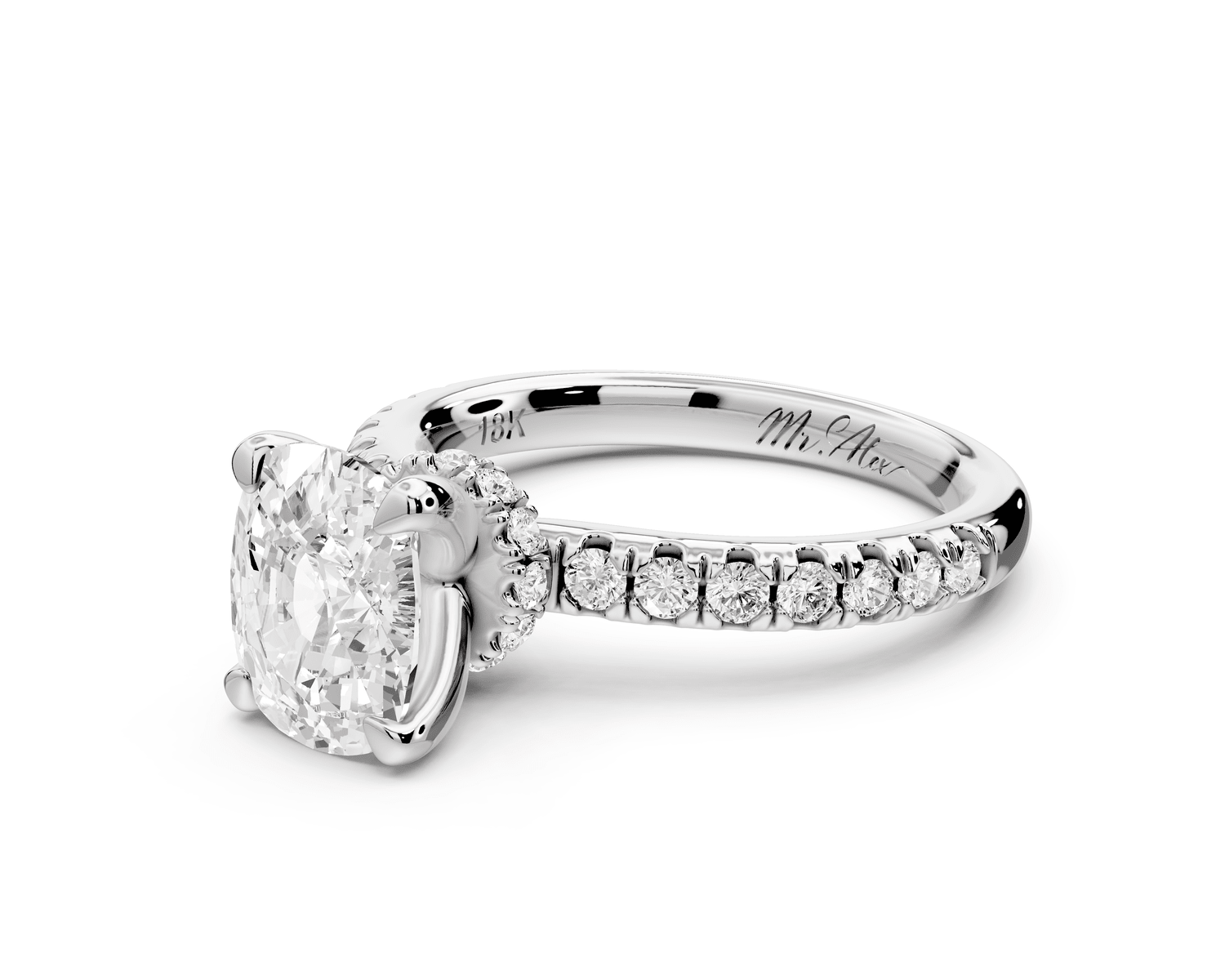 Flora - 2ct 18k white gold ecushion talong prong Wrap around halo Half Band Engagement Ring - Mr. Alex Jewelry