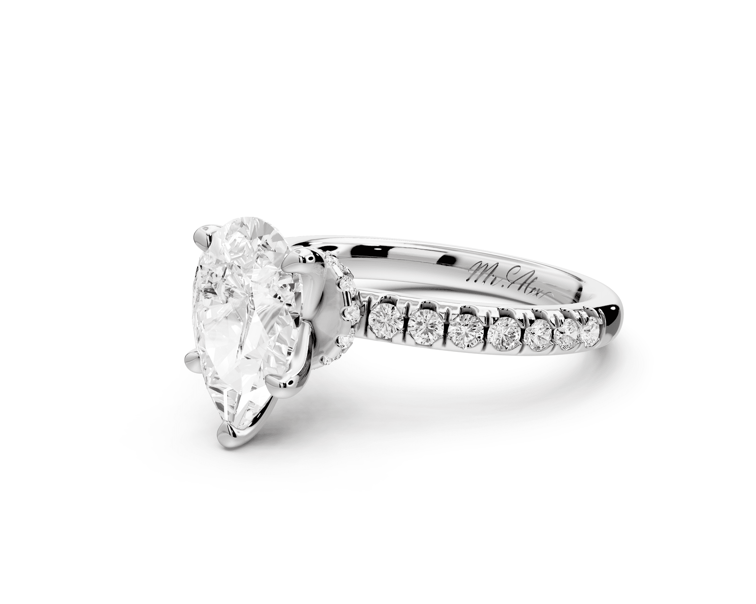 Flora - 2ct 18k white gold pear talong prong Wrap around halo Half Band Engagement Ring - Mr. Alex Jewelry