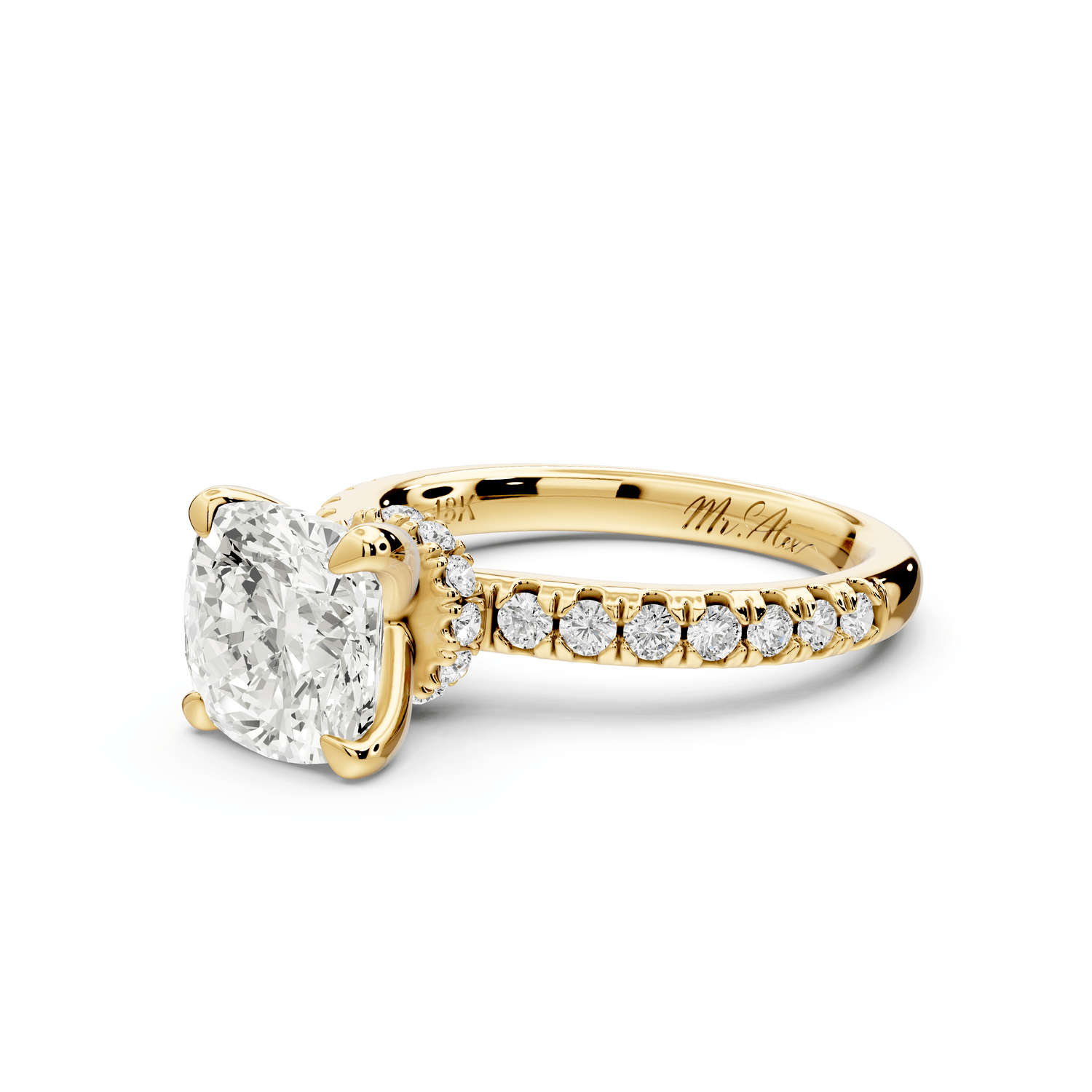Flora - 2ct 18k yellow gold cushion talong prong Wrap around halo Half Band Engagement Ring - Mr. Alex Jewelry