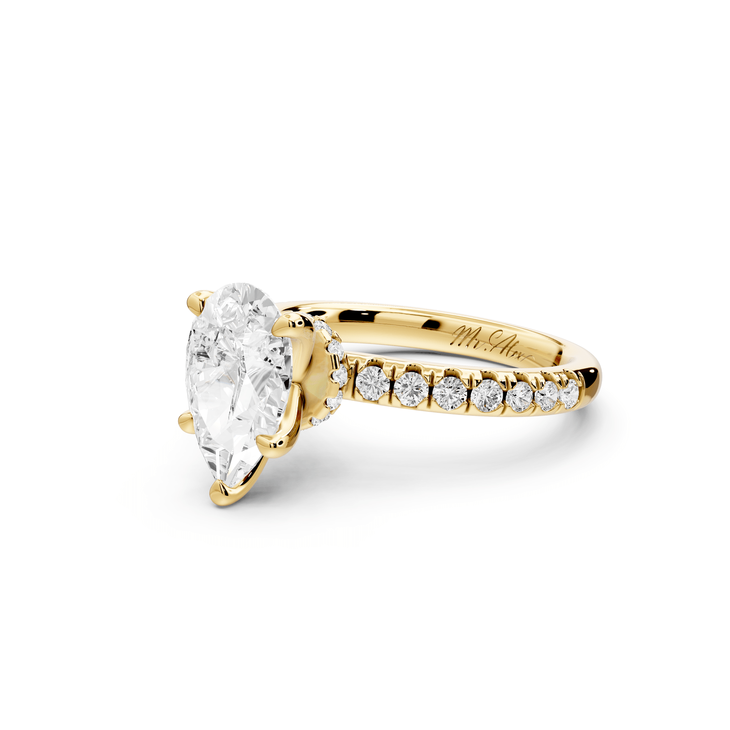 Flora - 2ct 18k yellow gold pear talong prong Wrap around halo Half Band Engagement Ring - Mr. Alex Jewelry