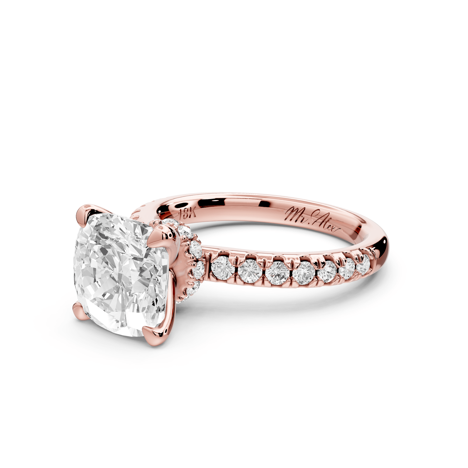 Flora - 3ct 14k rose gold cushion talong prong Wrap around halo Half Band Engagement Ring - Mr. Alex Jewelry