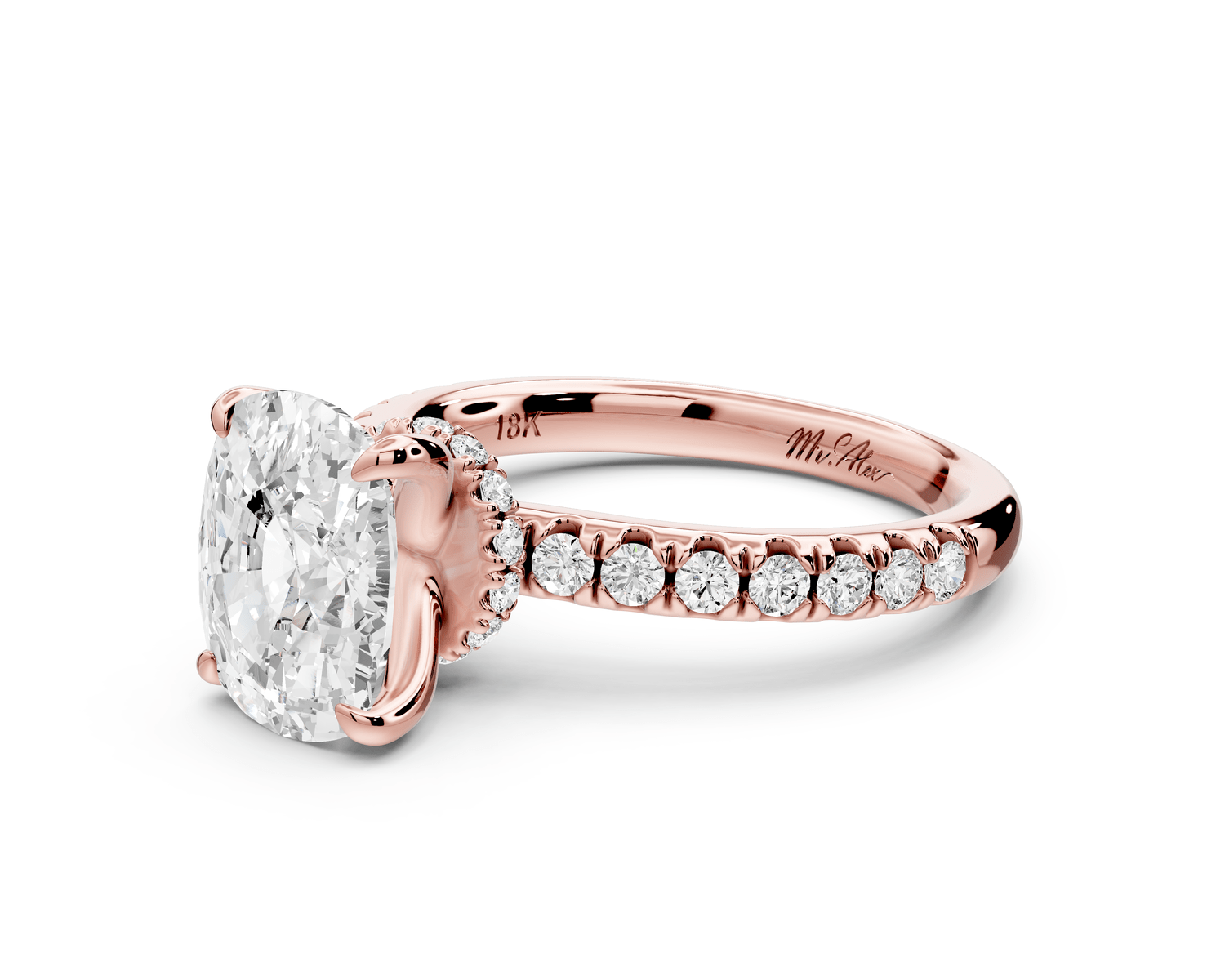 Flora - 3ct 14k rose gold ecushion talong prong Wrap around halo Half Band Engagement Ring - Mr. Alex Jewelry