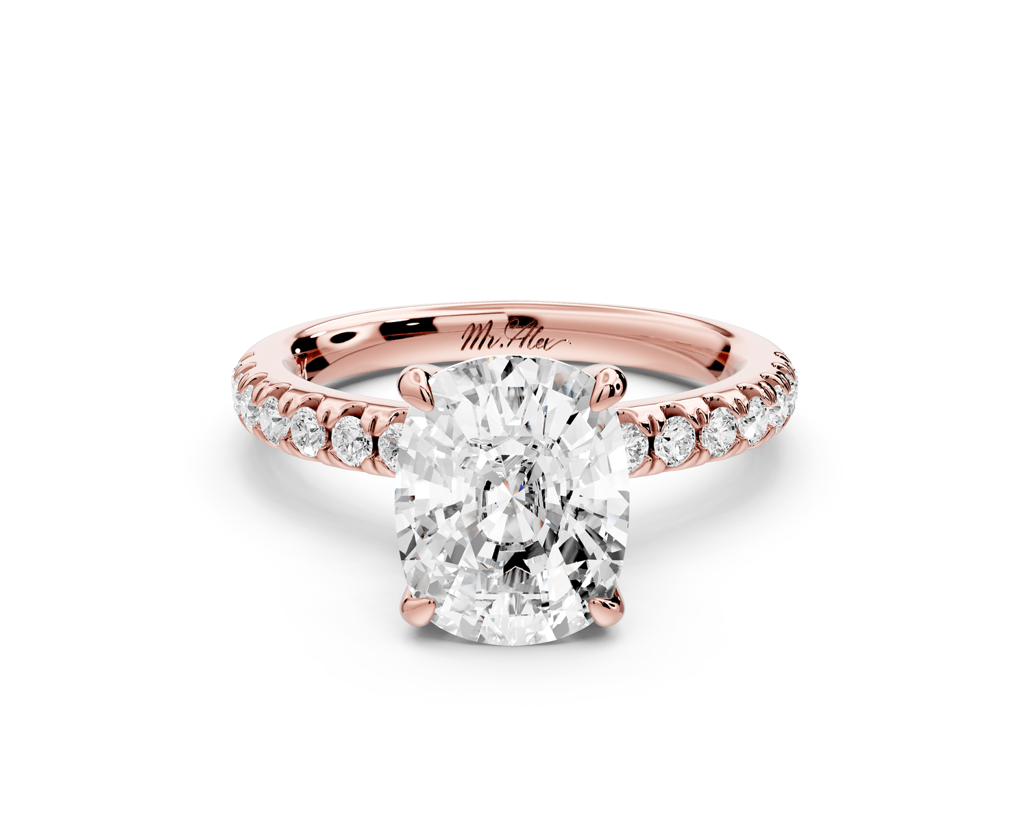 Flora - 3ct 14k rose gold ecushion talong prong Wrap around halo Half Band Engagement Ring - Mr. Alex Jewelry