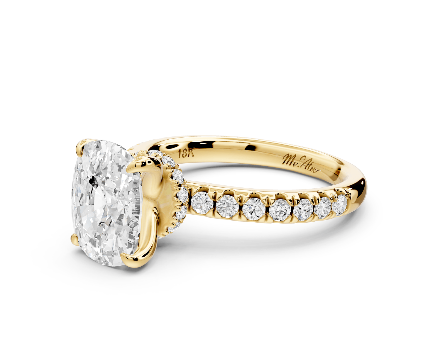 Flora - 3ct 14k yellow gold ecushion talong prong Wrap around halo Half Band Engagement Ring - Mr. Alex Jewelry