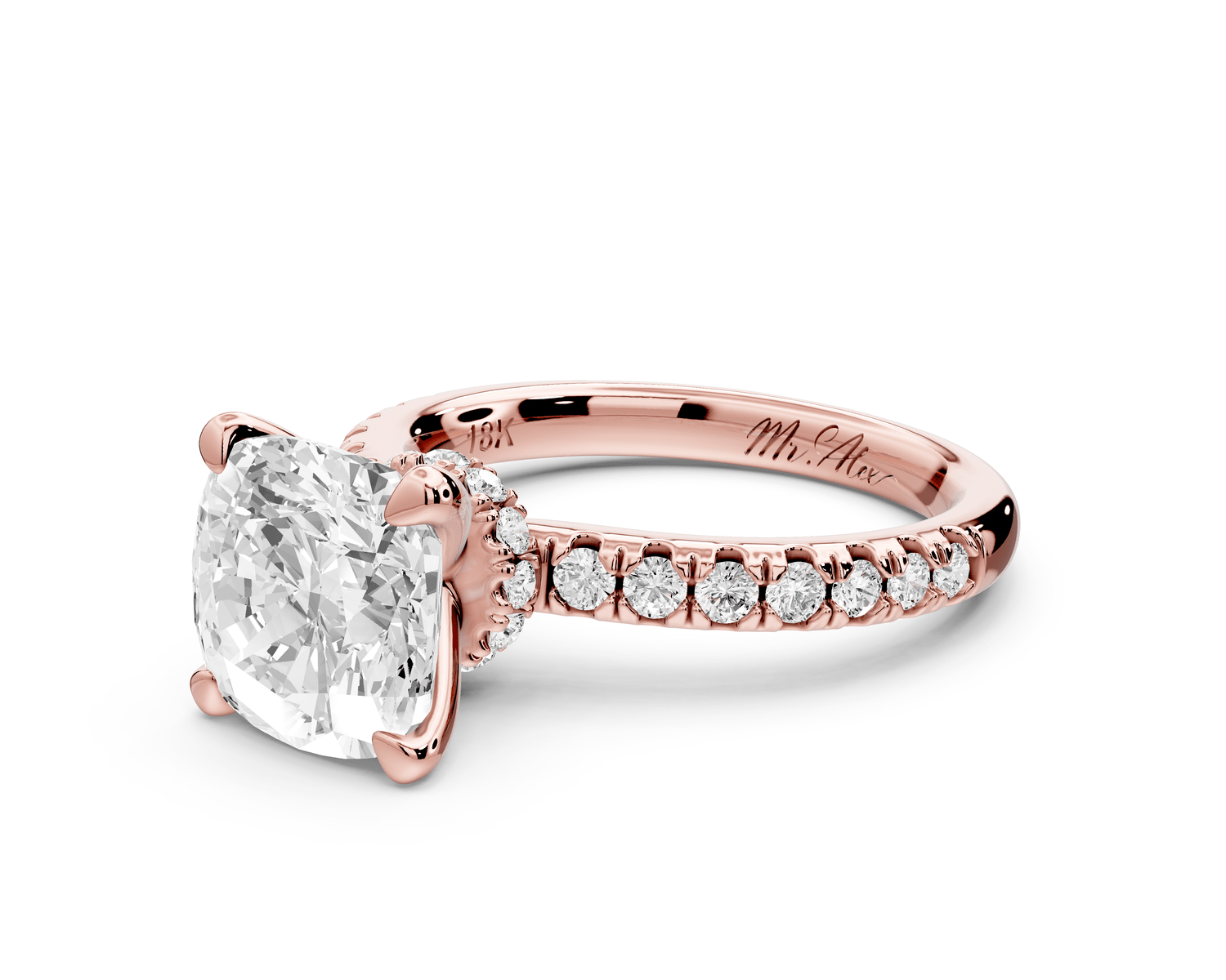 Flora - 3ct 18k rose gold cushion talong prong Wrap around halo Half Band Engagement Ring - Mr. Alex Jewelry