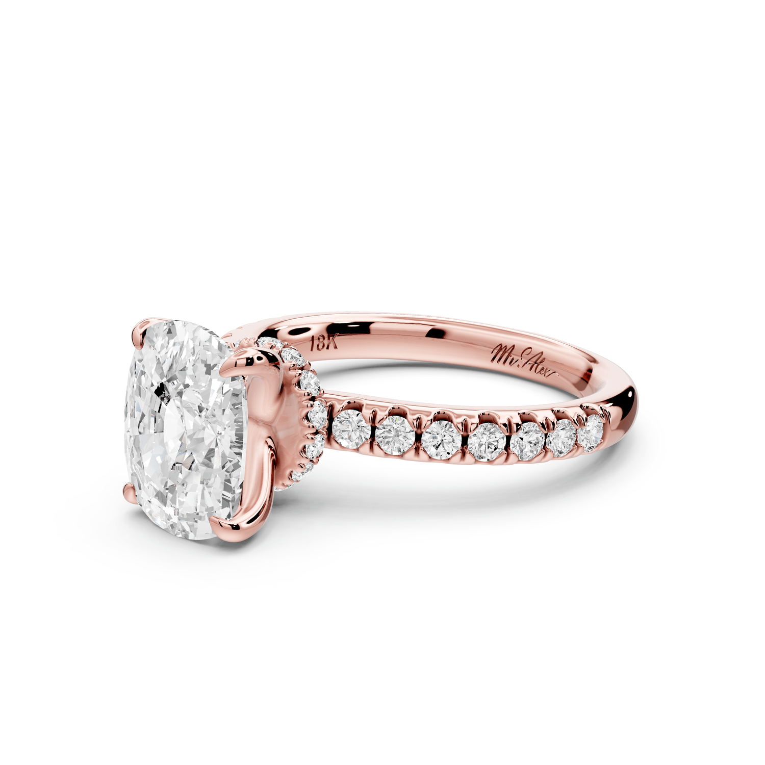 Flora - 3ct 18k rose gold ecushion talong prong Wrap around halo Half Band Engagement Ring - Mr. Alex Jewelry