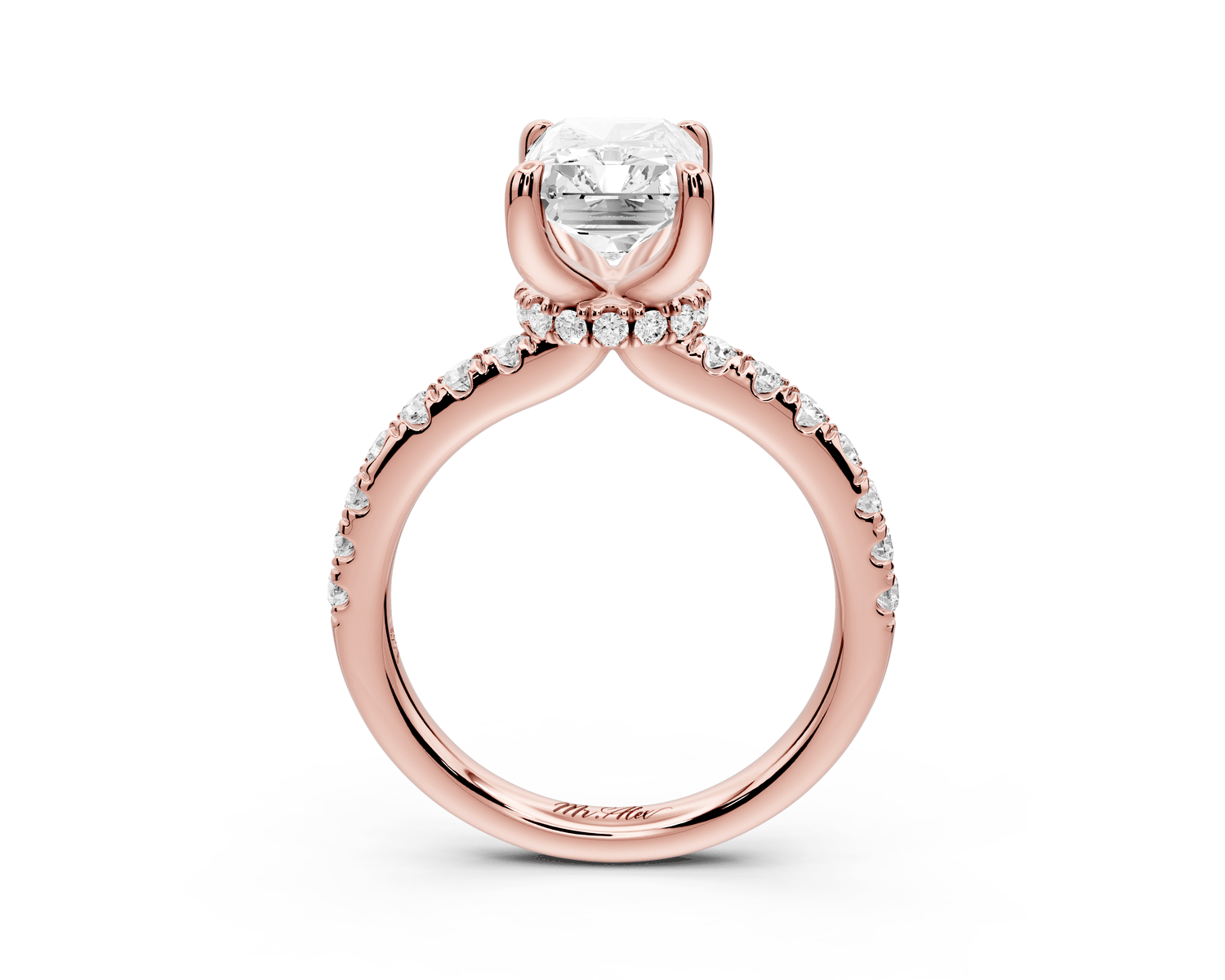 Flora - 3ct 18k rose gold radiant talong prong Wrap around halo Half Band Engagement Ring - Mr. Alex Jewelry