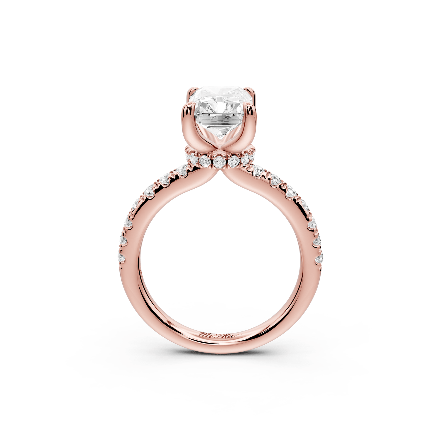 Flora - 3ct 18k rose gold radiant talong prong Wrap around halo Half Band Engagement Ring - Mr. Alex Jewelry