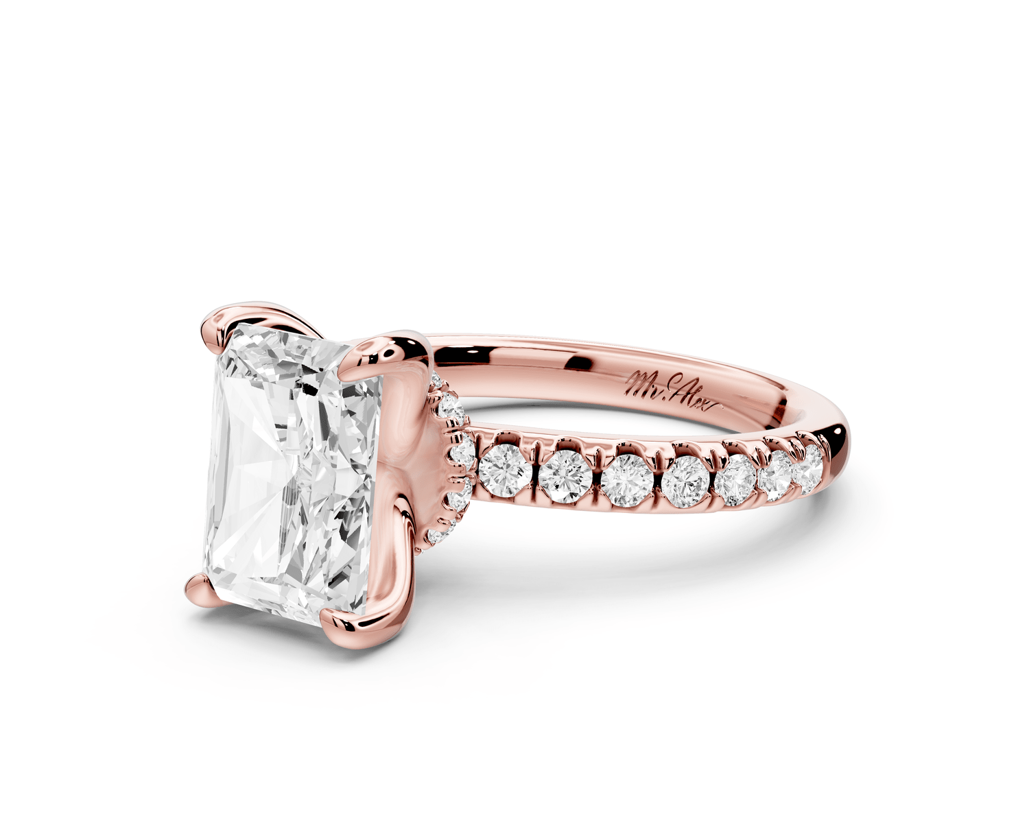 Flora - 3ct 18k rose gold radiant talong prong Wrap around halo Half Band Engagement Ring - Mr. Alex Jewelry