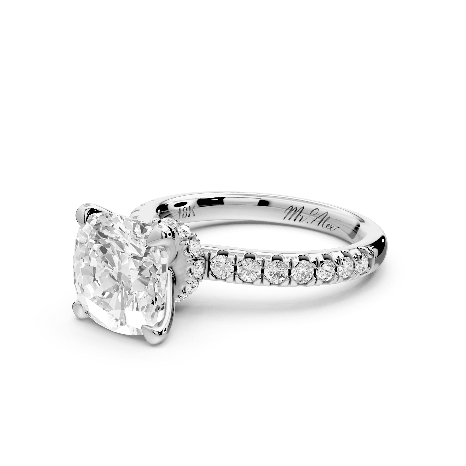 Flora - 3ct 18k white gold cushion talong prong Wrap around halo Half Band Engagement Ring - Mr. Alex Jewelry