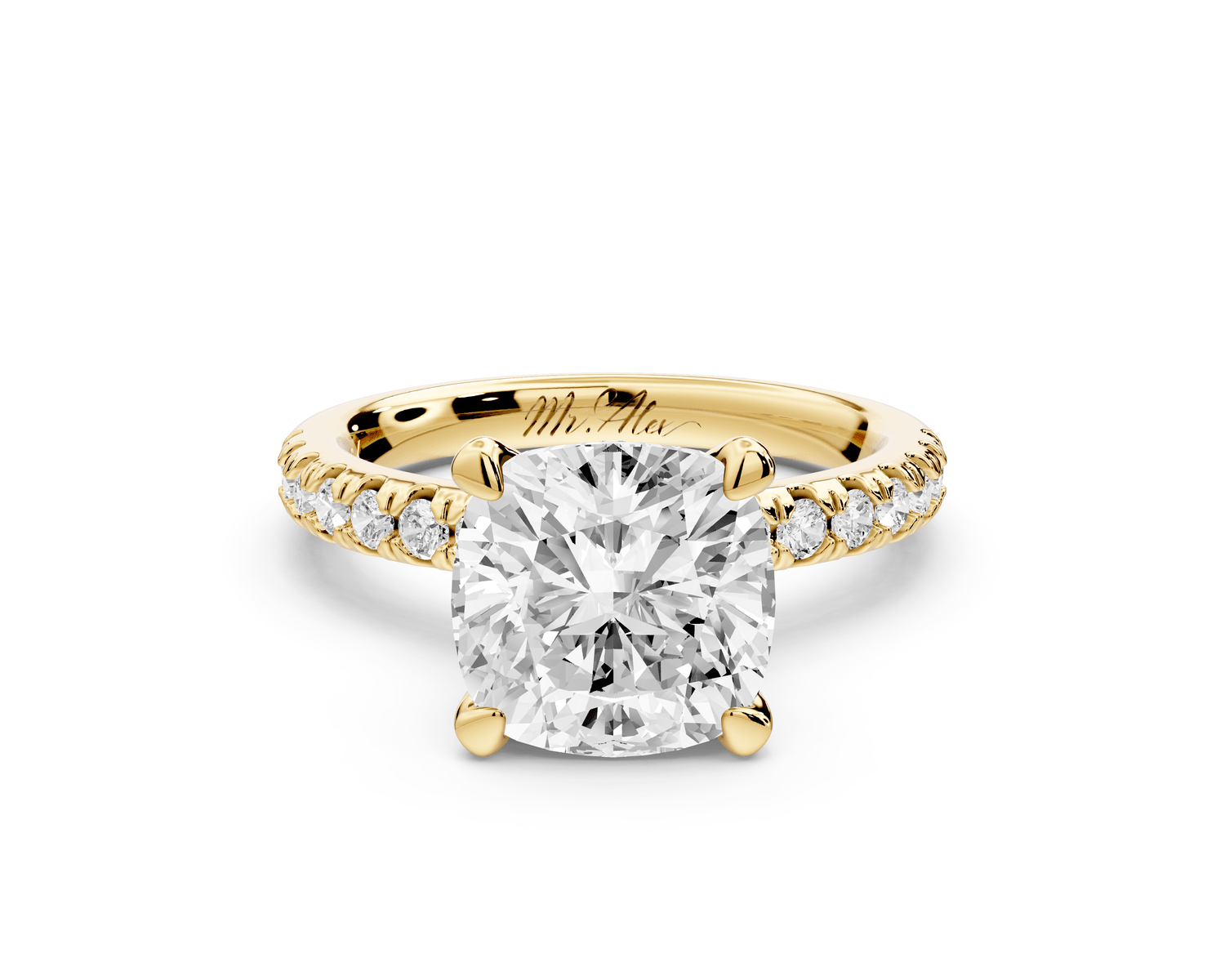 Flora - 3ct 18k yellow gold cushion talong prong Wrap around halo Half Band Engagement Ring - Mr. Alex Jewelry