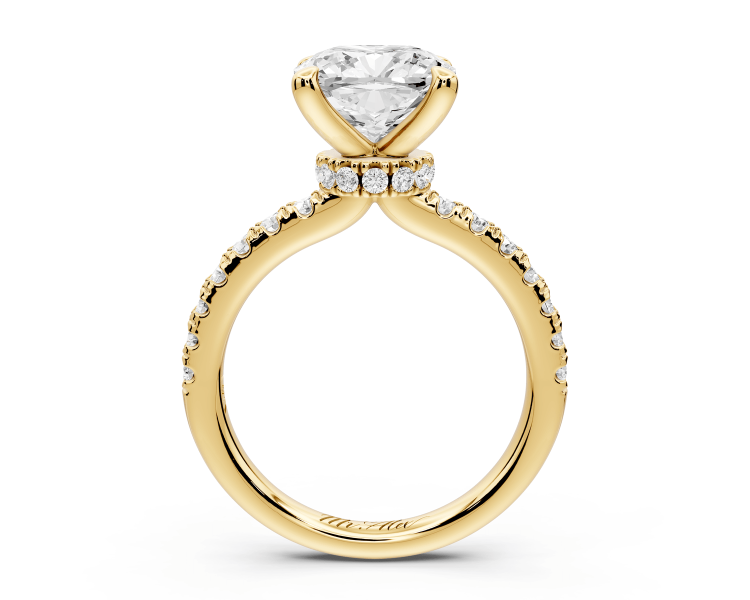 Flora - 3ct 18k yellow gold cushion talong prong Wrap around halo Half Band Engagement Ring - Mr. Alex Jewelry