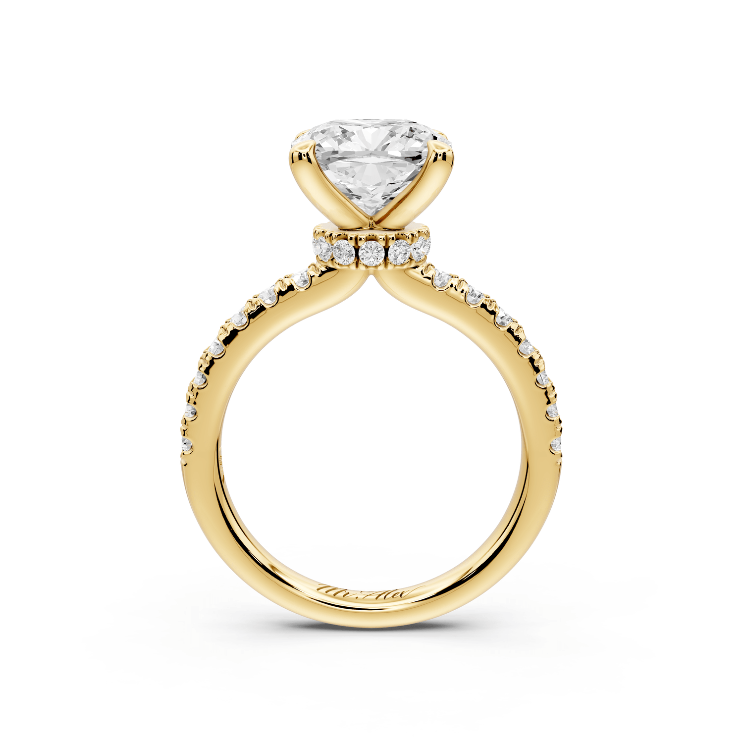 Flora - 3ct 18k yellow gold cushion talong prong Wrap around halo Half Band Engagement Ring - Mr. Alex Jewelry