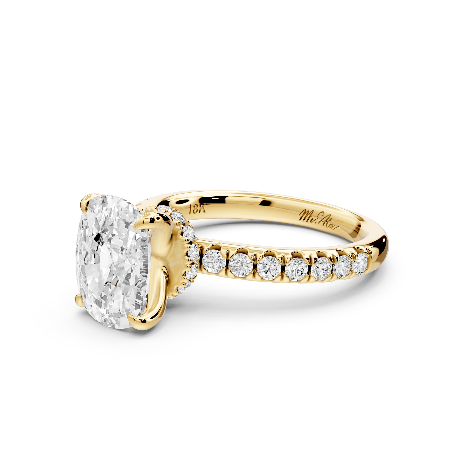 Flora - 3ct 18k yellow gold ecushion talong prong Wrap around halo Half Band Engagement Ring - Mr. Alex Jewelry